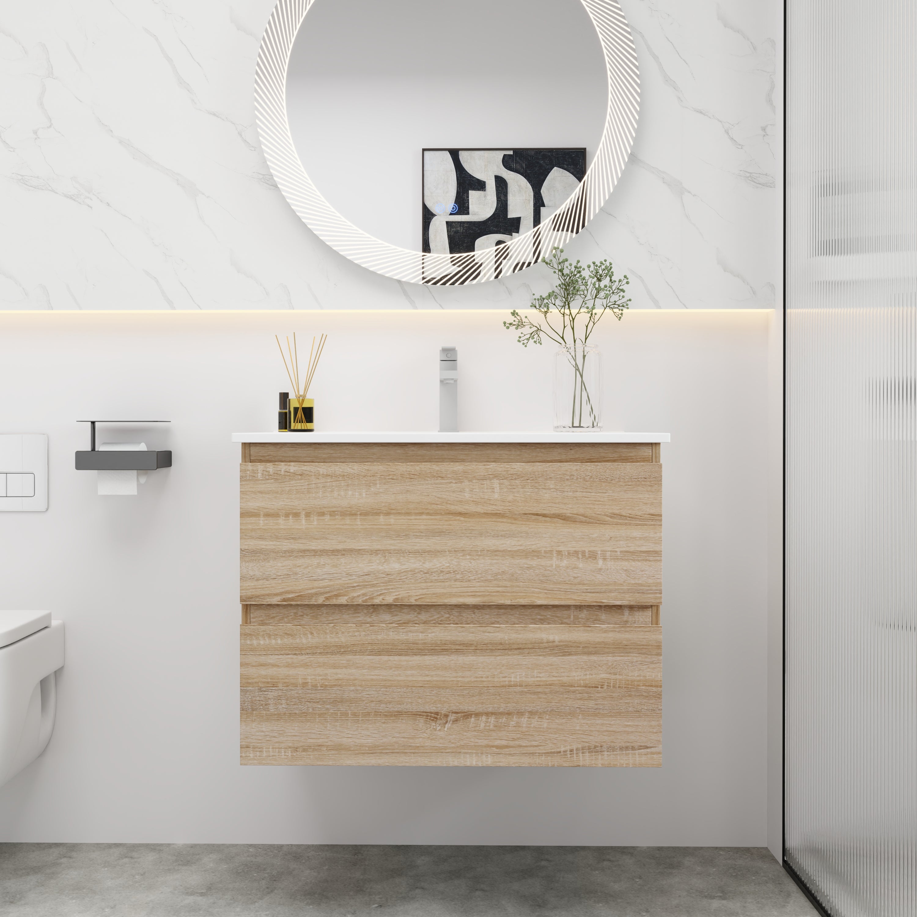 24''/30" Bathroom Vanity in Brown Oak/Brown Oak with Cultured Marble Basin Top with Soft Close Drawer