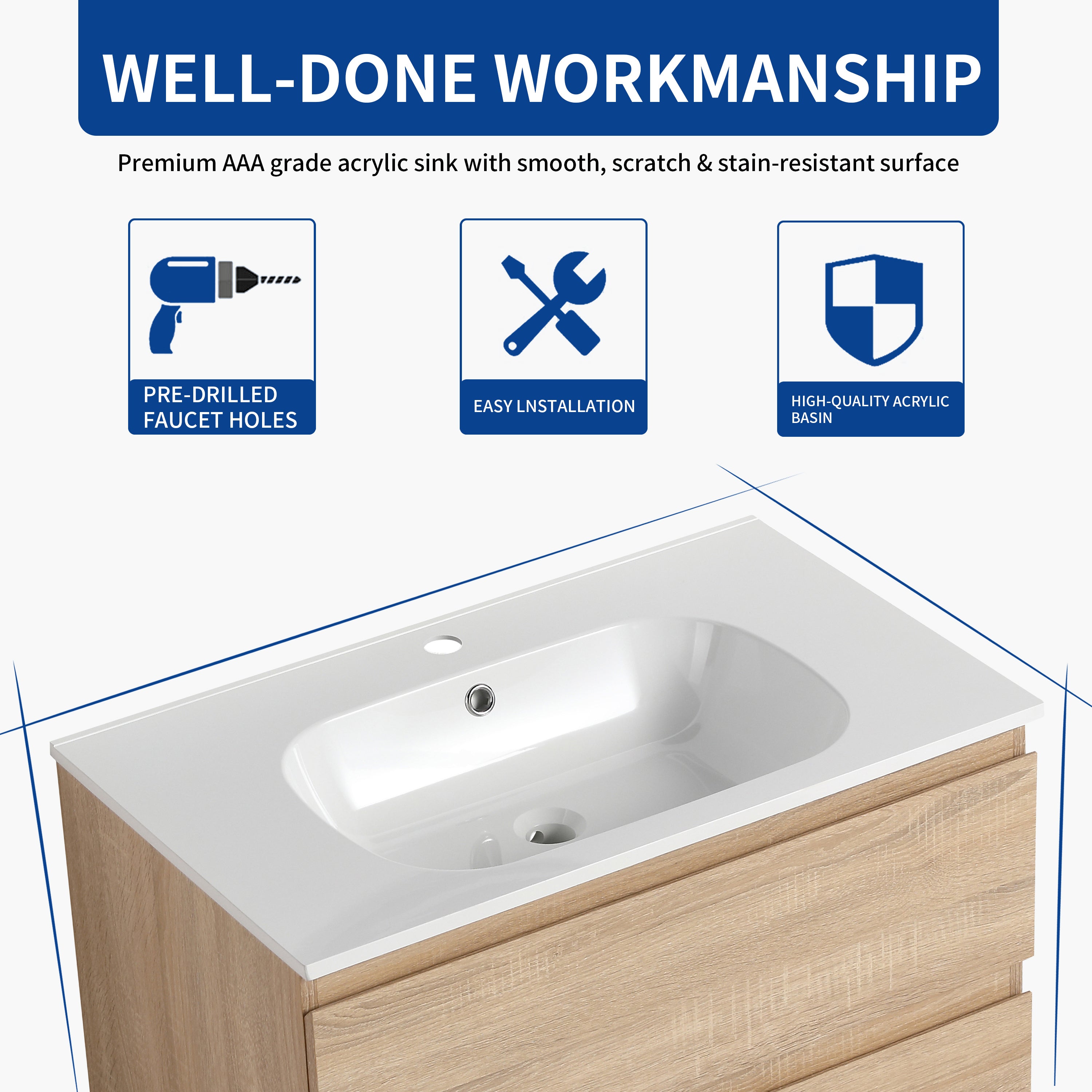 24''/30" Bathroom Vanity in Brown Oak/Brown Oak with Cultured Marble Basin Top with Soft Close Drawer