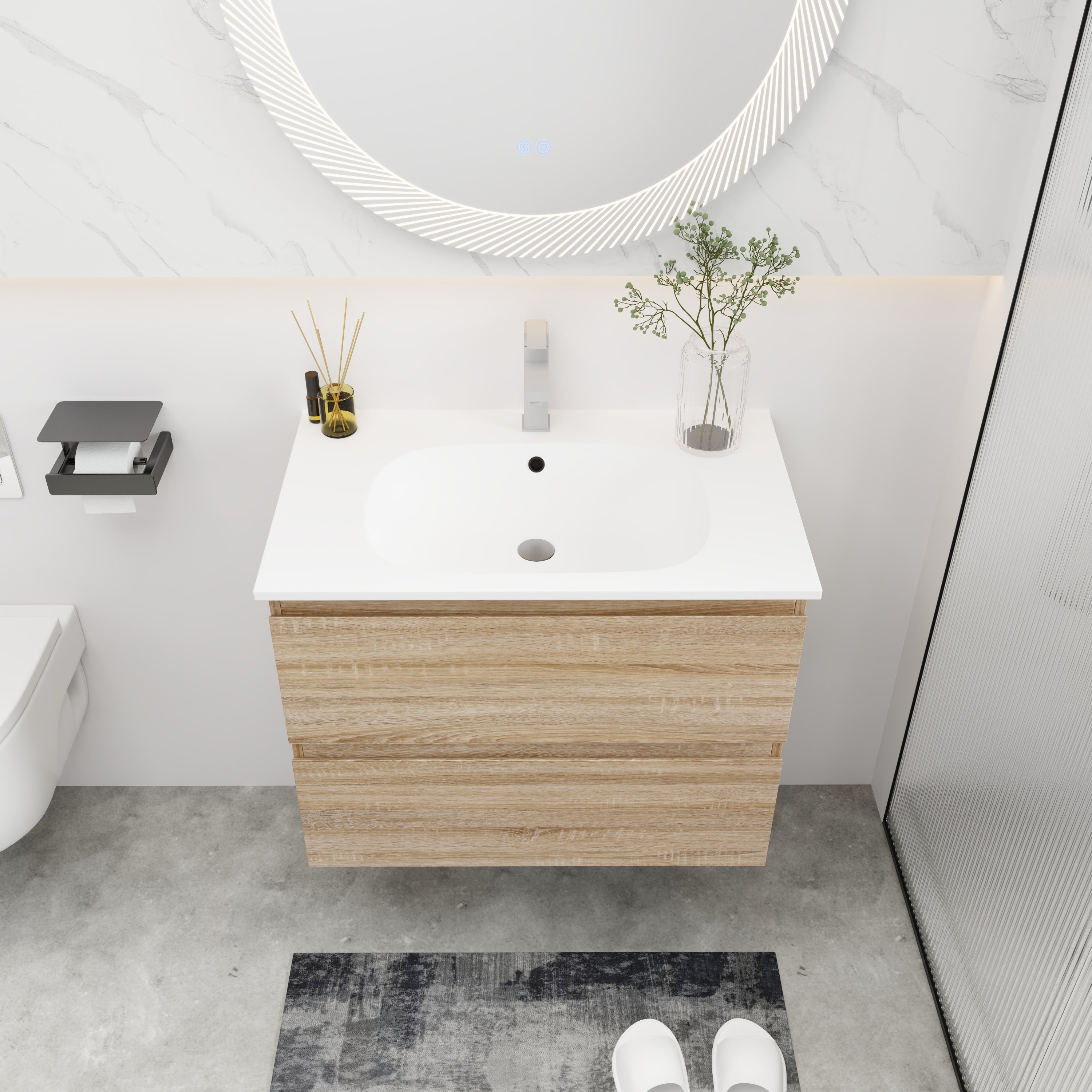 24''/30" Bathroom Vanity in Brown Oak/Brown Oak with Cultured Marble Basin Top with Soft Close Drawer