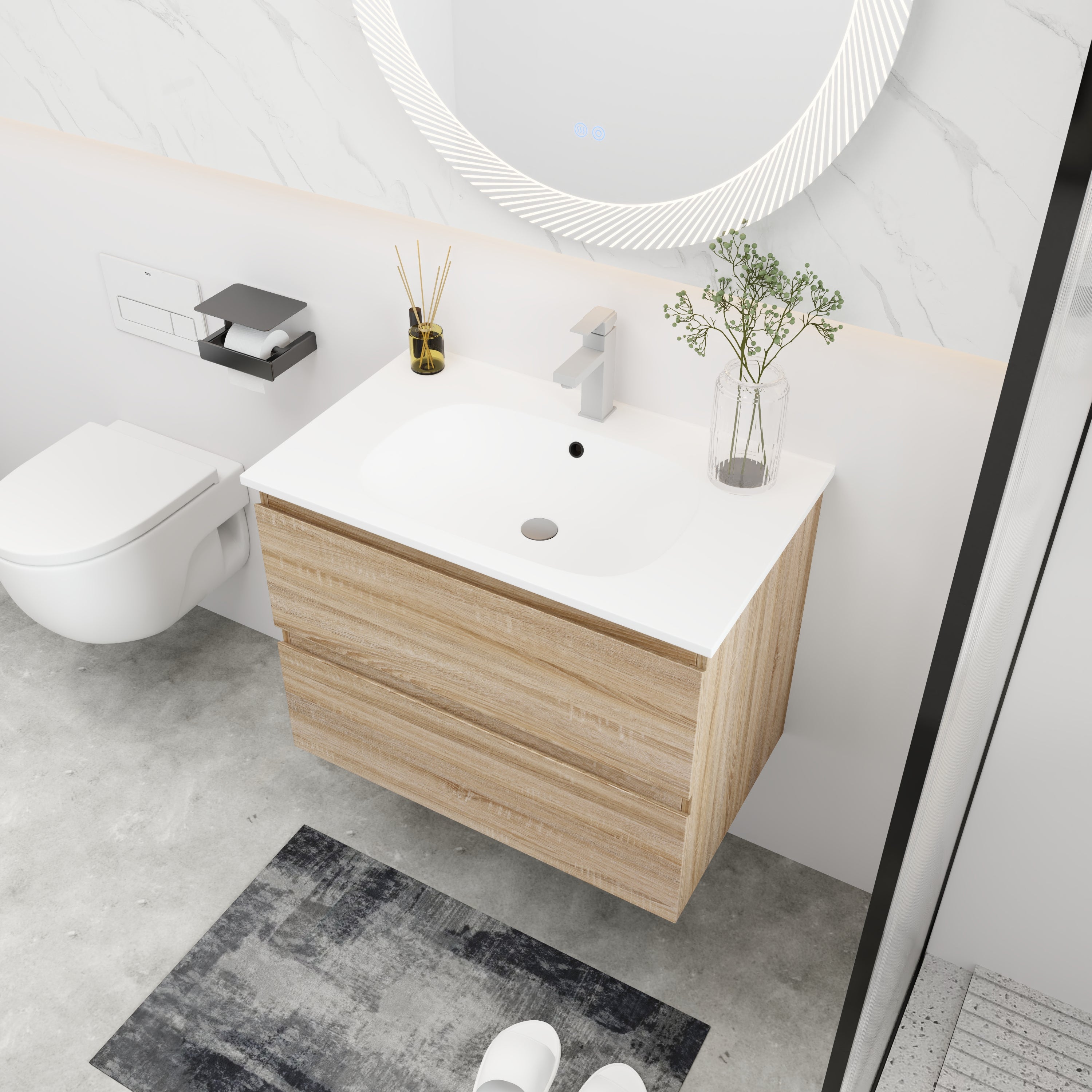24''/30" Bathroom Vanity in Brown Oak/Brown Oak with Cultured Marble Basin Top with Soft Close Drawer