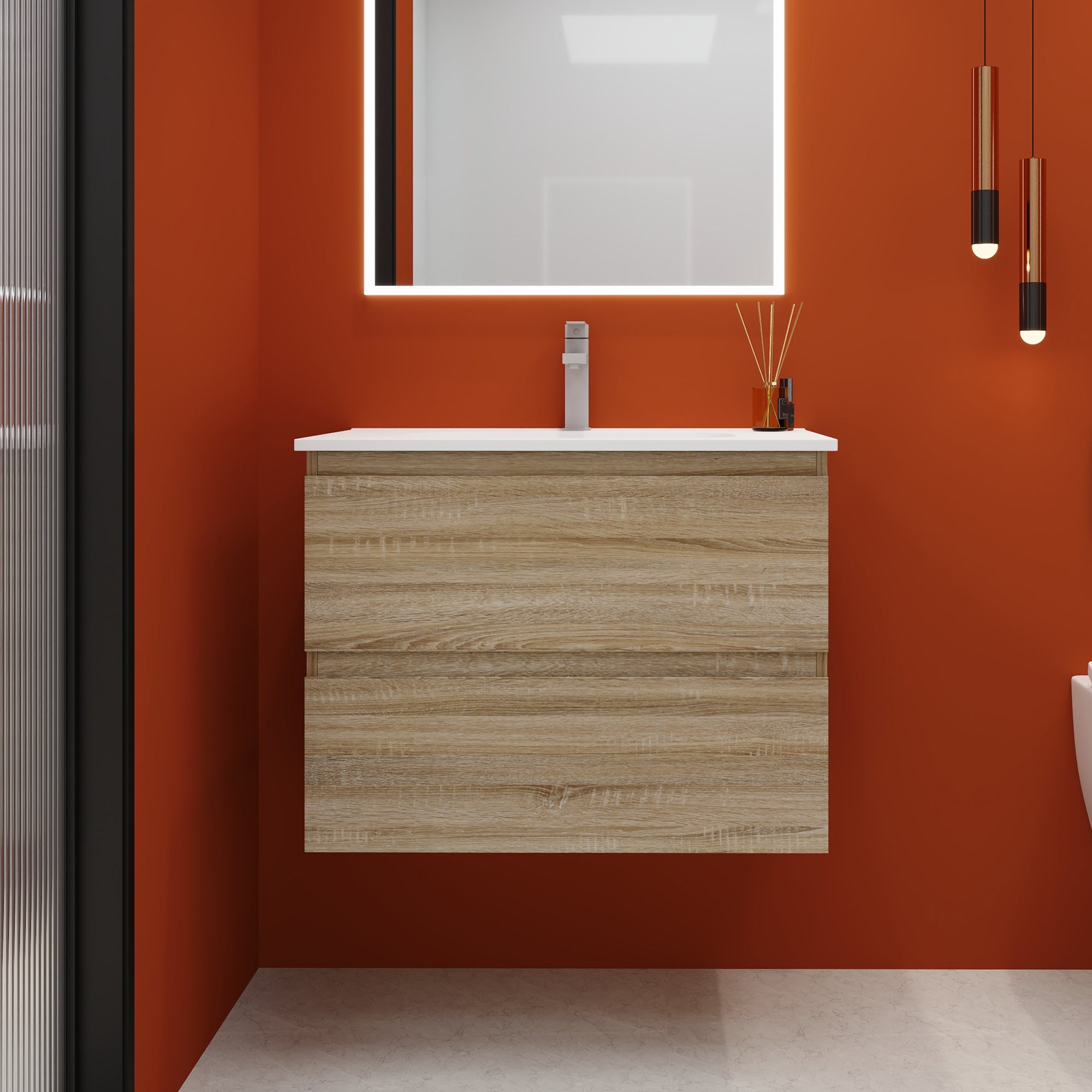 24''/30" Bathroom Vanity in Brown Oak/Brown Oak with Cultured Marble Basin Top with Soft Close Drawer