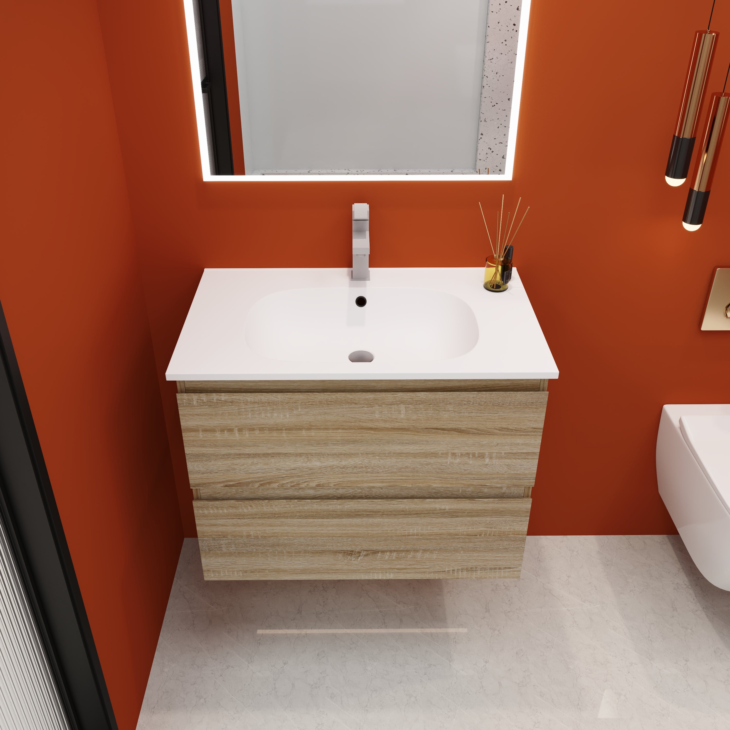 24''/30" Bathroom Vanity in Brown Oak/Brown Oak with Cultured Marble Basin Top with Soft Close Drawer