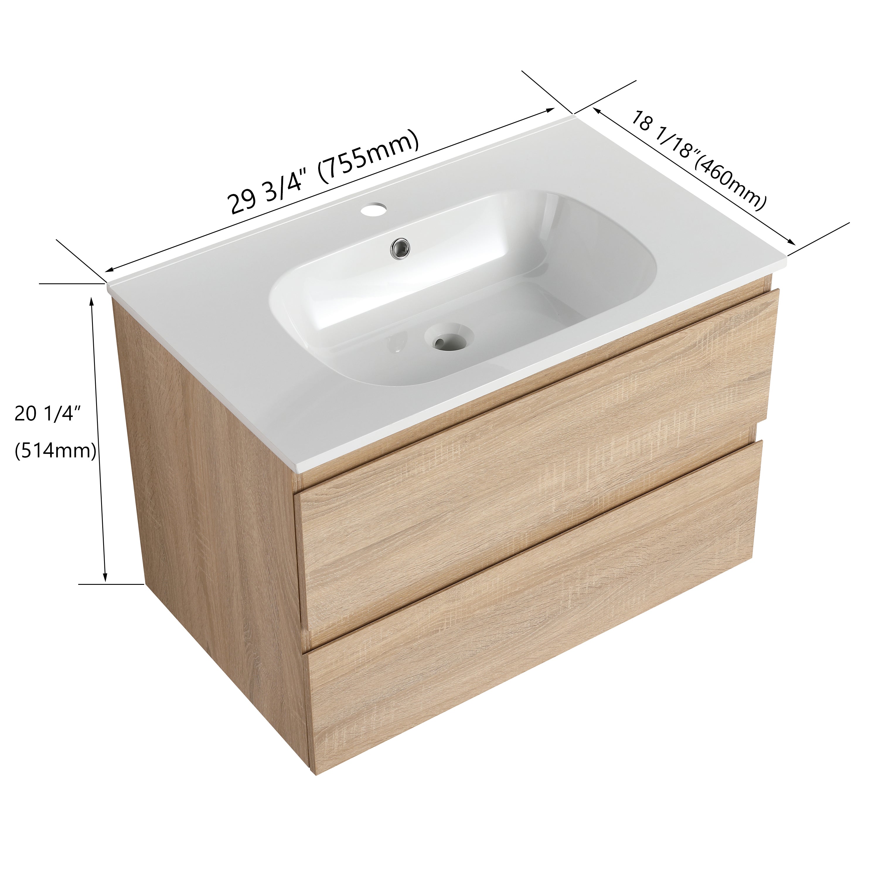 24''/30" Bathroom Vanity in Brown Oak/Brown Oak with Cultured Marble Basin Top with Soft Close Drawer