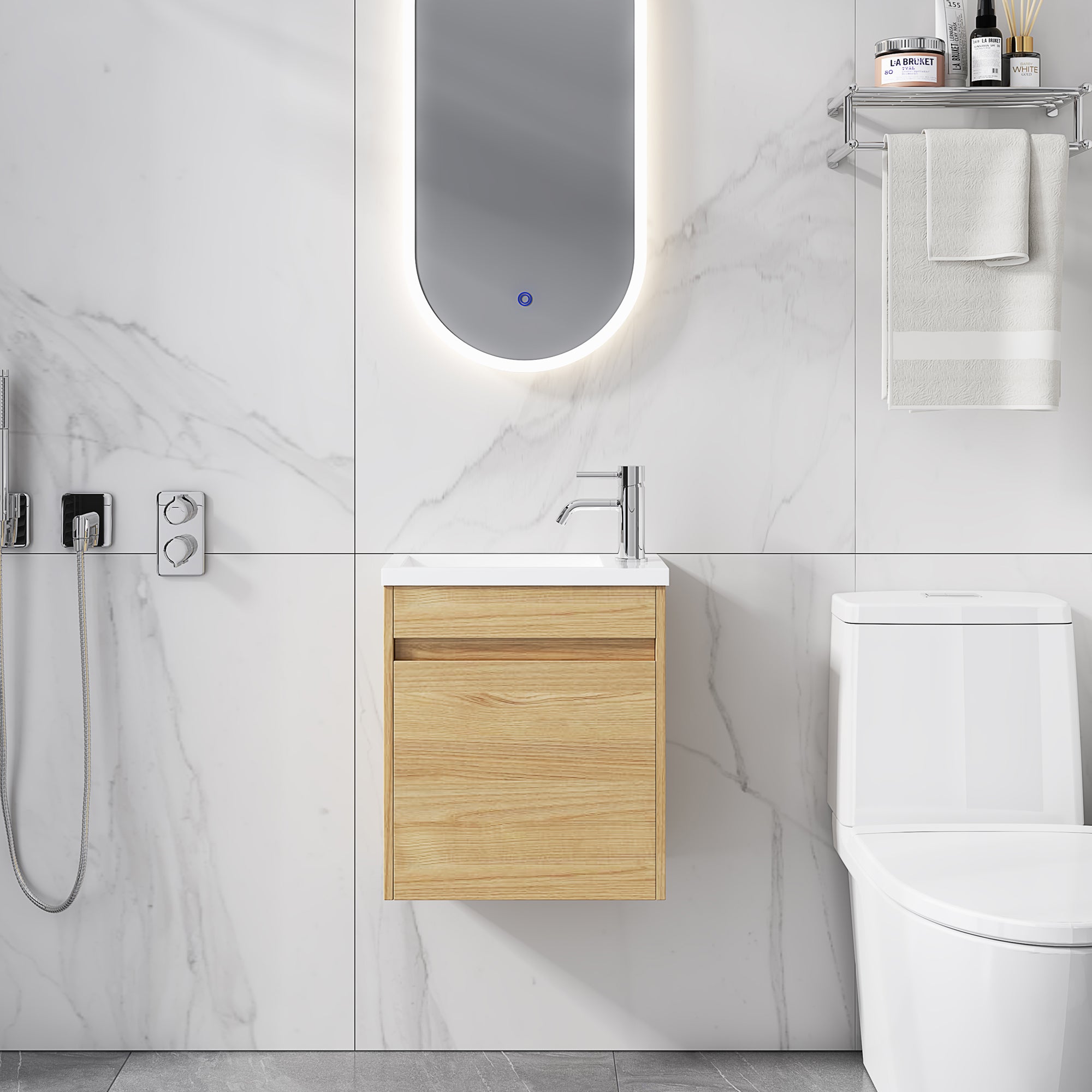 18 Inch Floating  for Small Bathroom Vanity in Light Teak with Cultured Marble Sink
