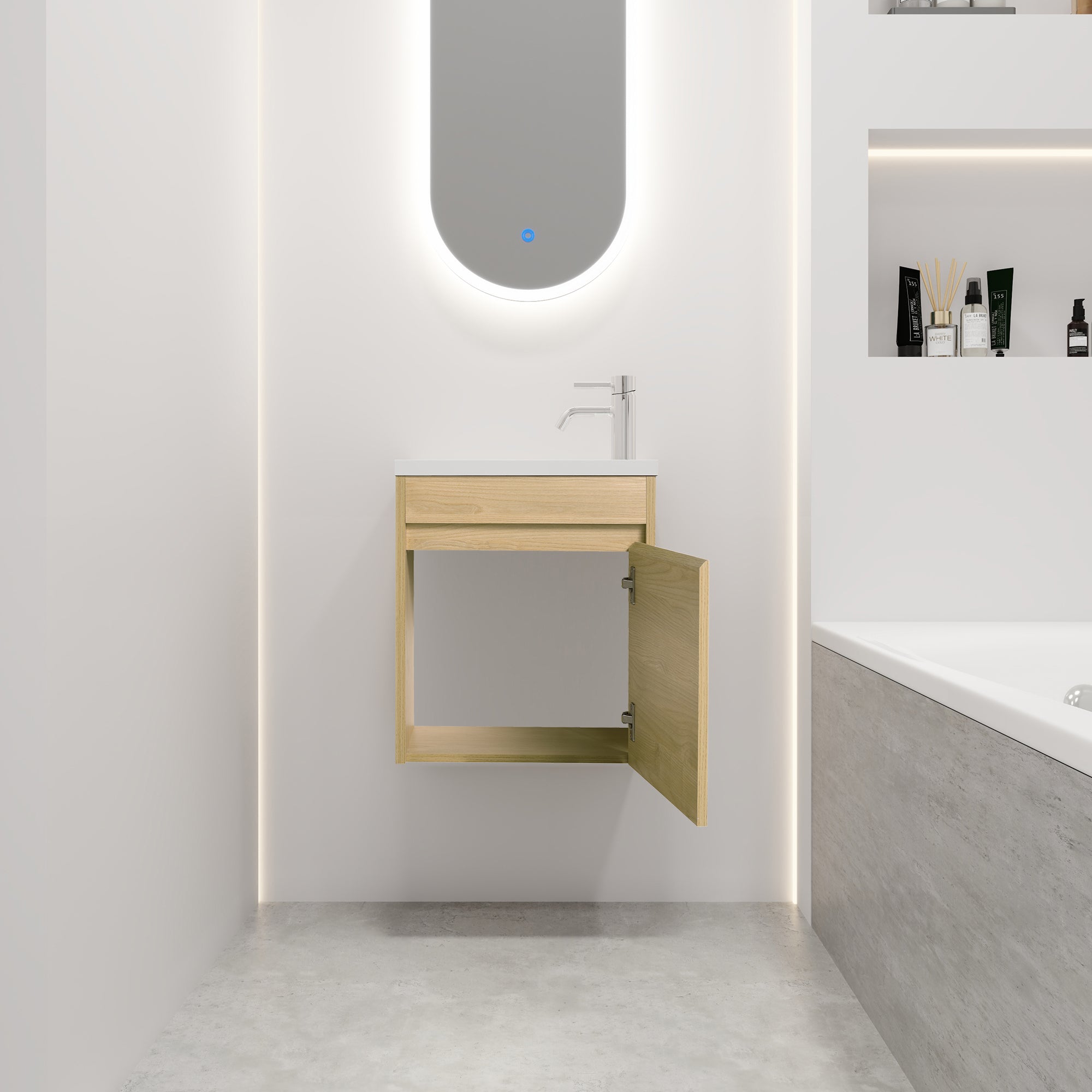 18 Inch Floating  for Small Bathroom Vanity in Light Teak with Cultured Marble Sink