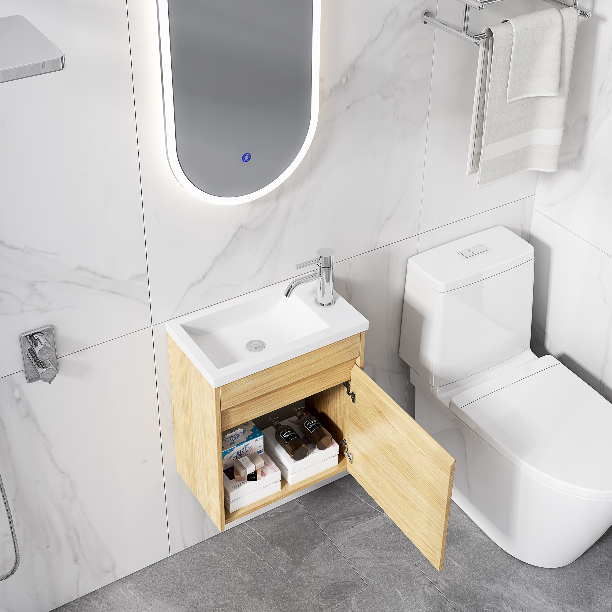 18 Inch Floating  for Small Bathroom Vanity in Light Teak with Cultured Marble Sink