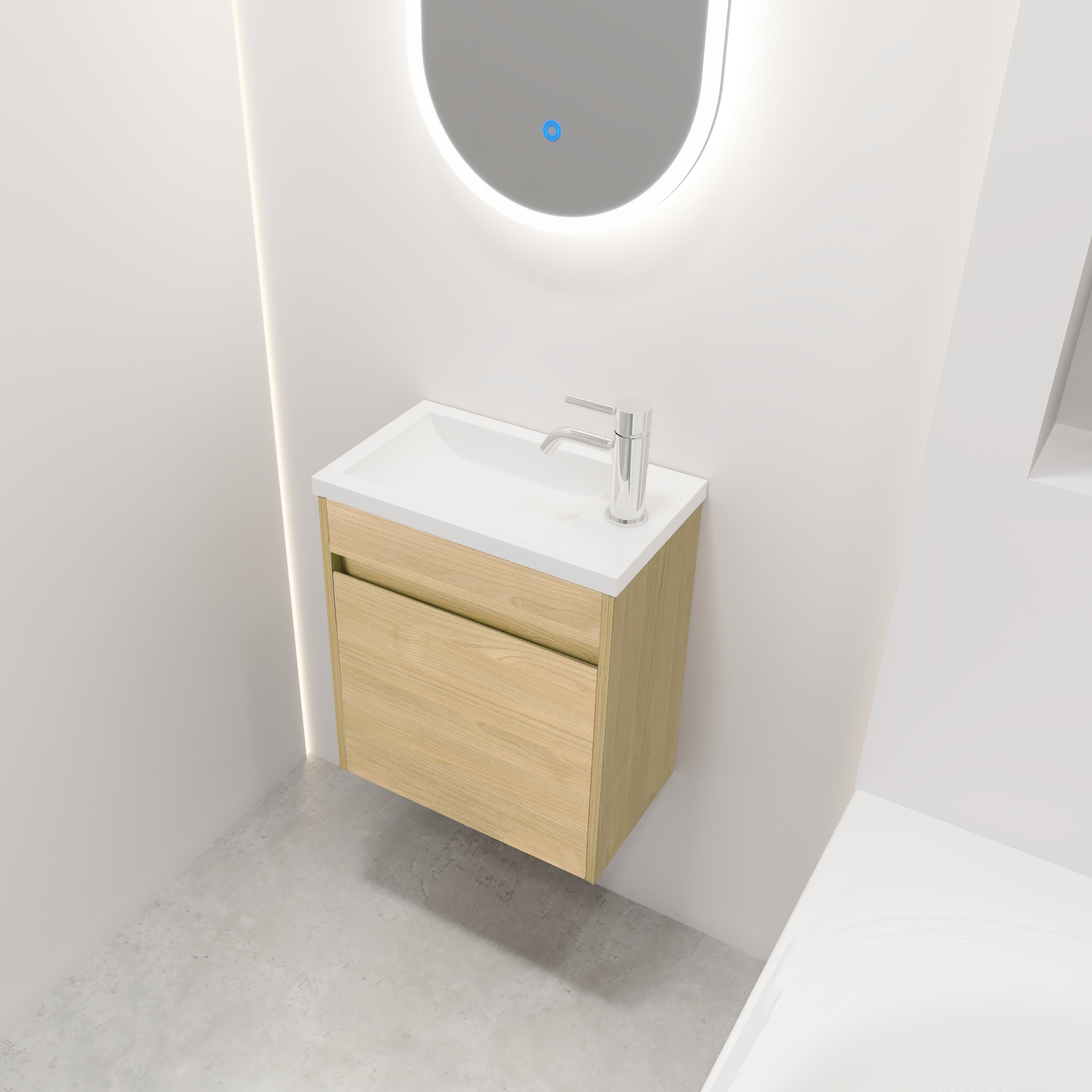 18 Inch Floating  for Small Bathroom Vanity in Light Teak with Cultured Marble Sink