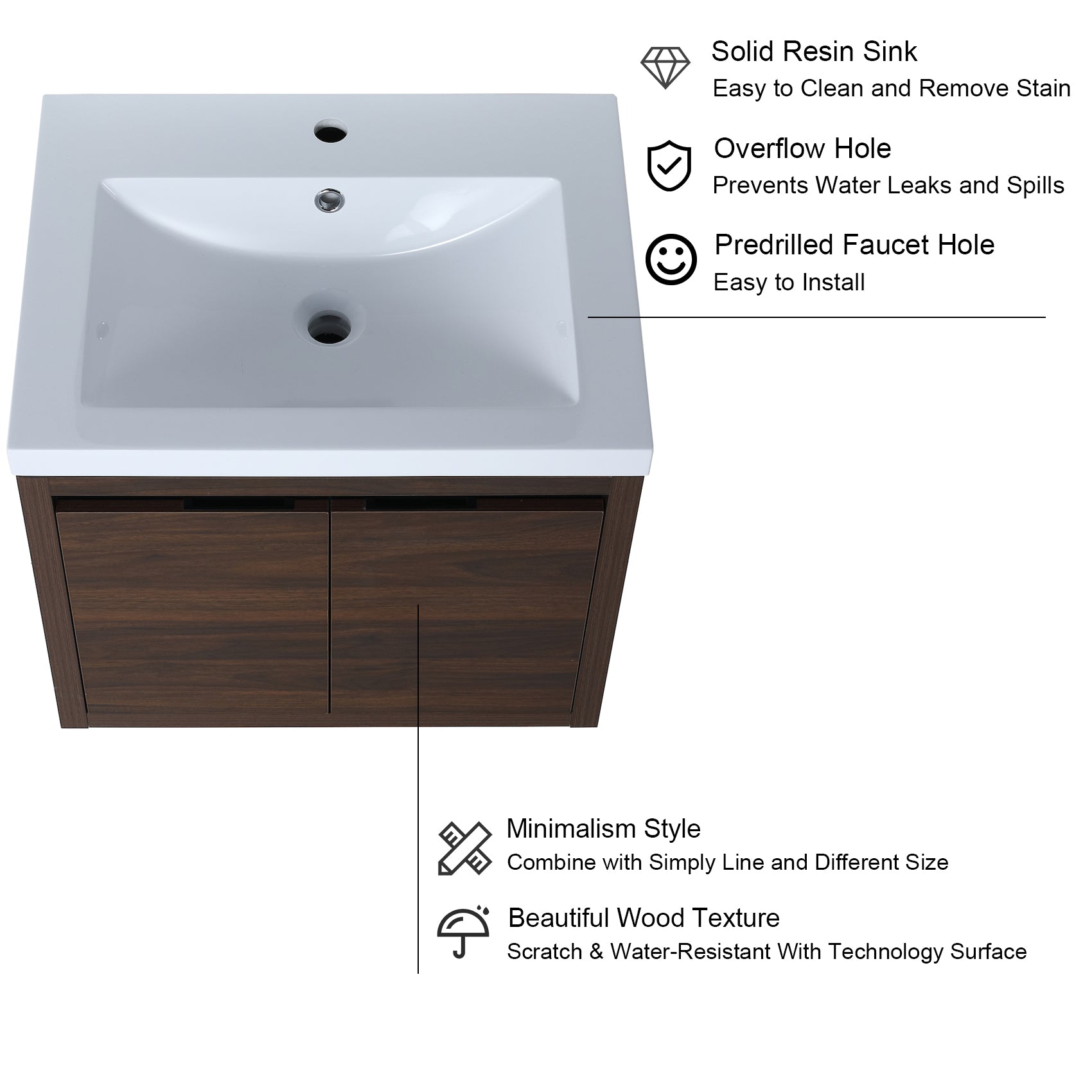 24 Inch Floating For Small Bathroom with Soft Close Doors with Cultured Marble Basin