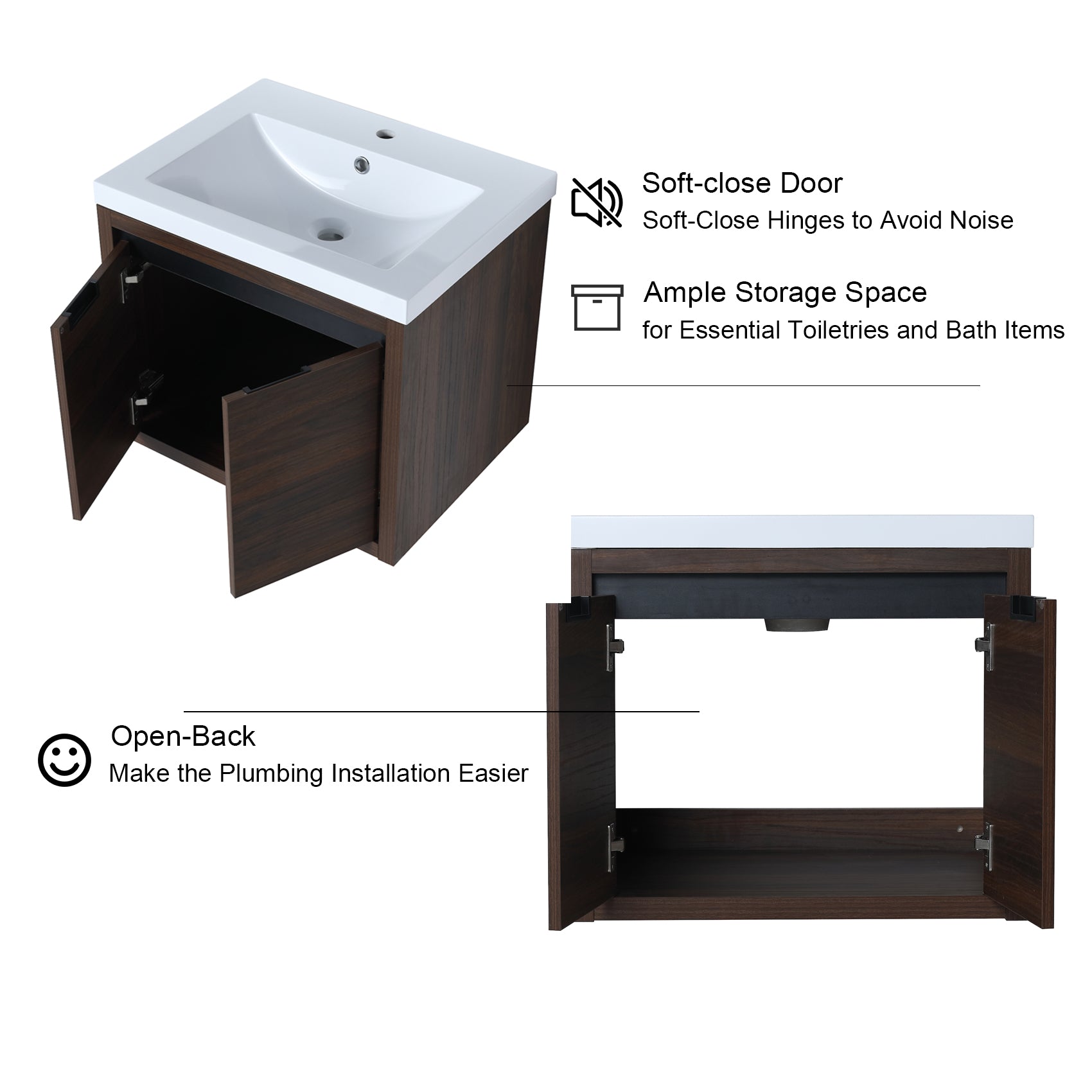 24 Inch Floating For Small Bathroom with Soft Close Doors with Cultured Marble Basin