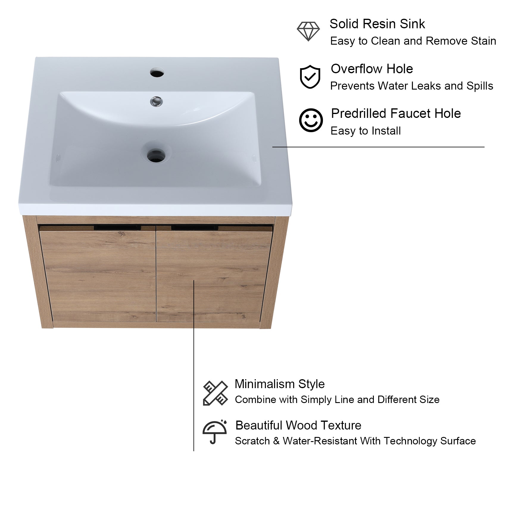 24 Inch Floating For Small Bathroom with Soft Close Doors with Cultured Marble Basin
