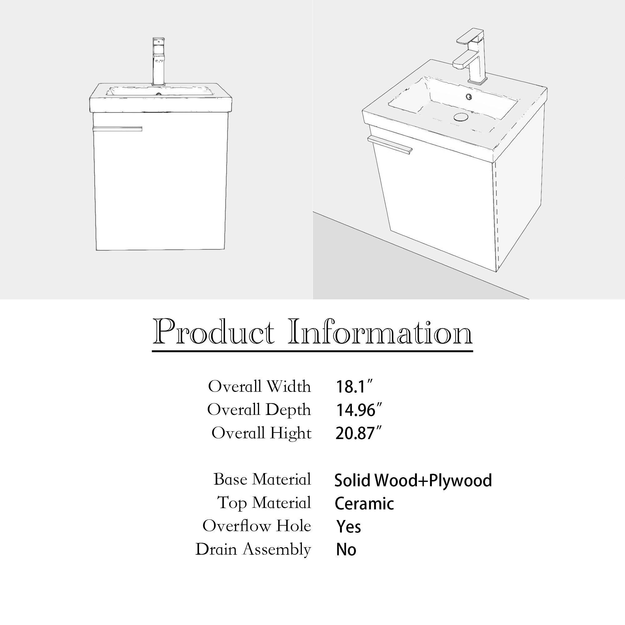 18 inch Wall Mounted Bathroom Vanity with Ceramic Top and Sink