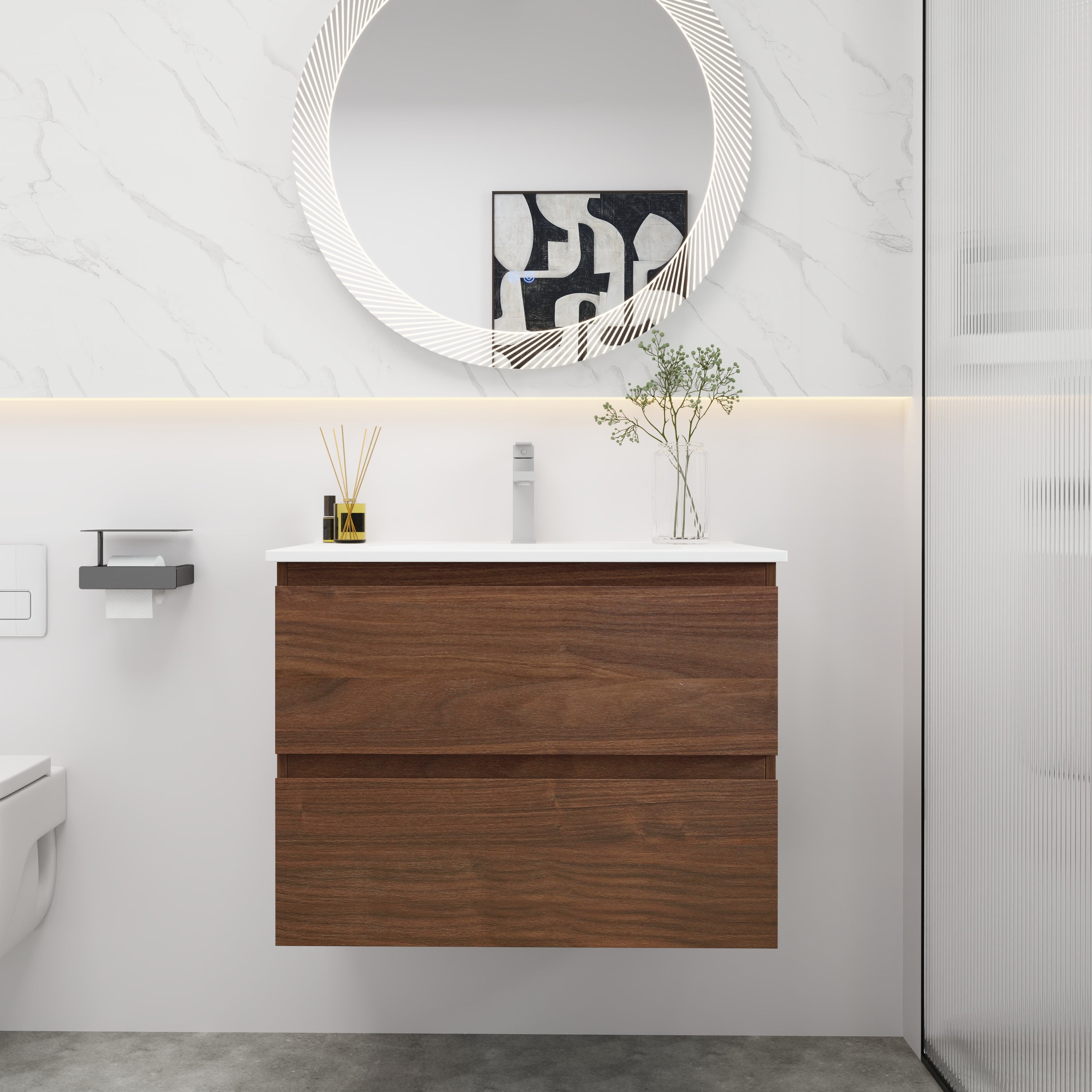 24''/30" Bathroom Vanity in Brown Oak/Brown Oak with Cultured Marble Basin Top with Soft Close Drawer