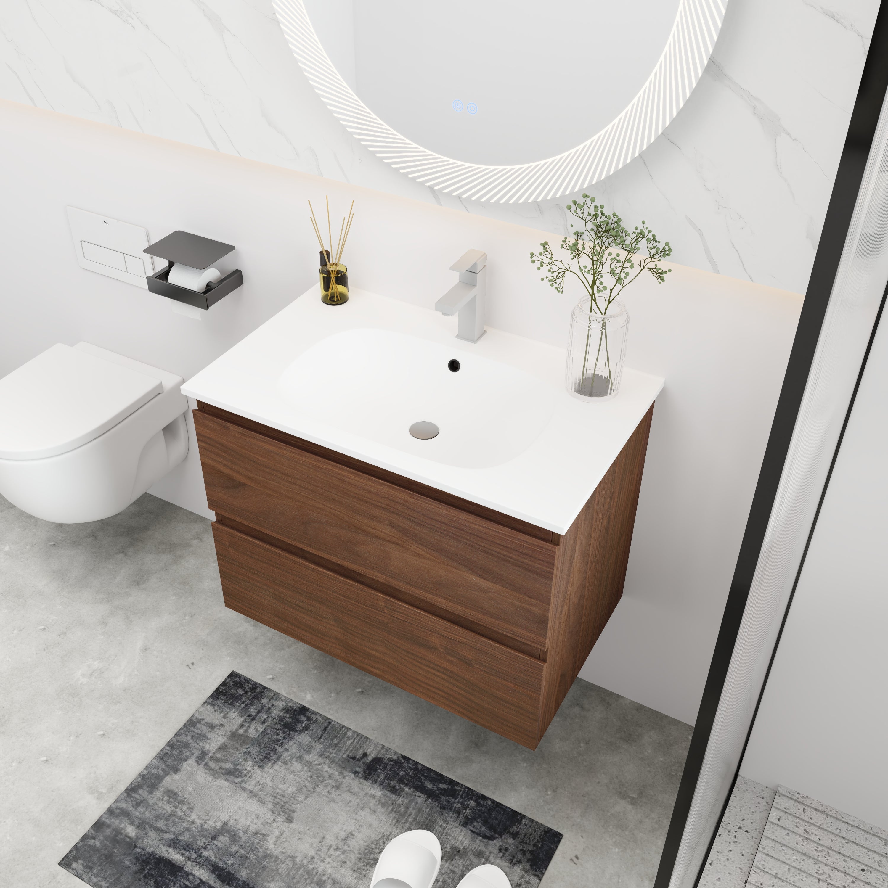 24''/30" Bathroom Vanity in Brown Oak/Brown Oak with Cultured Marble Basin Top with Soft Close Drawer