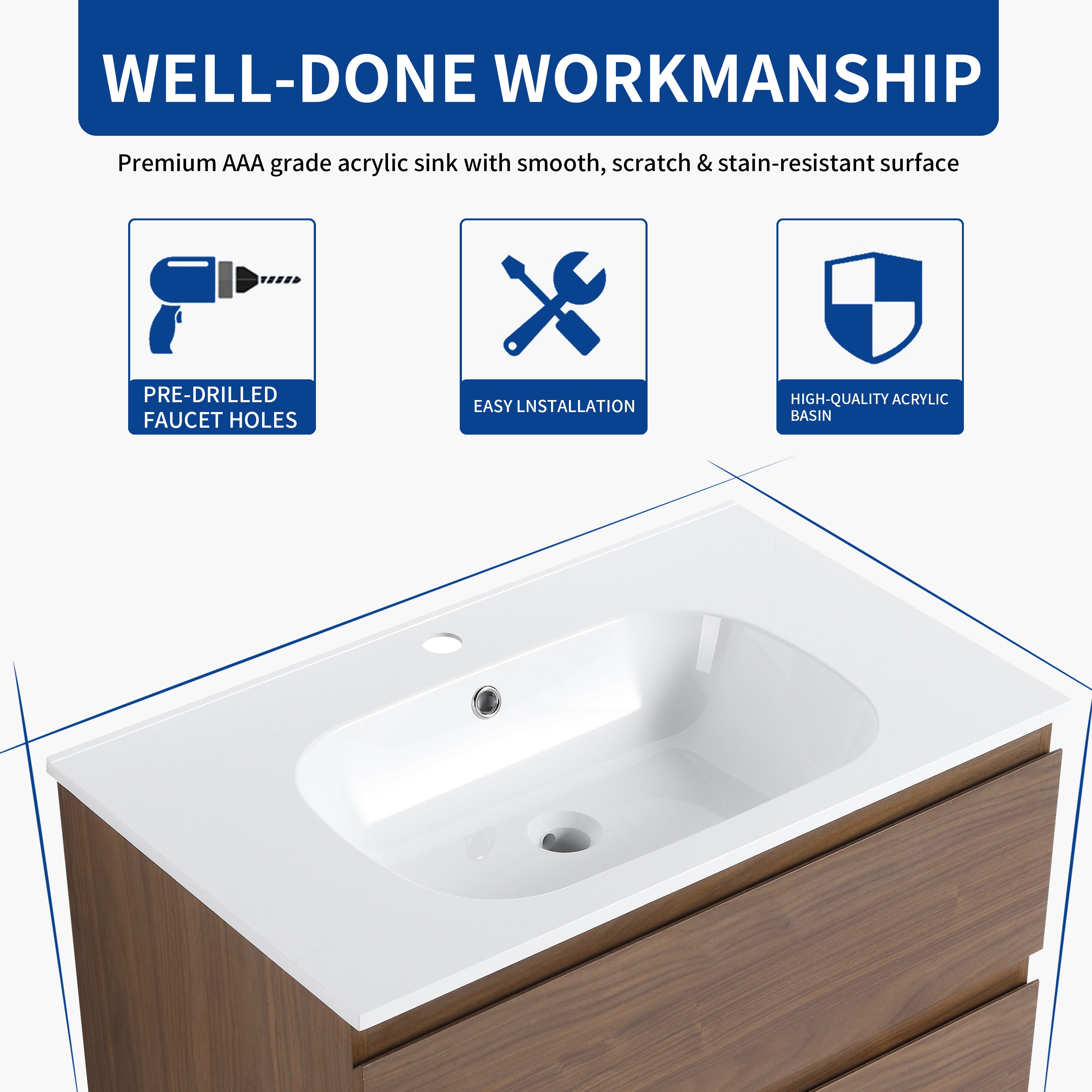 24''/30" Bathroom Vanity in Brown Oak/Brown Oak with Cultured Marble Basin Top with Soft Close Drawer