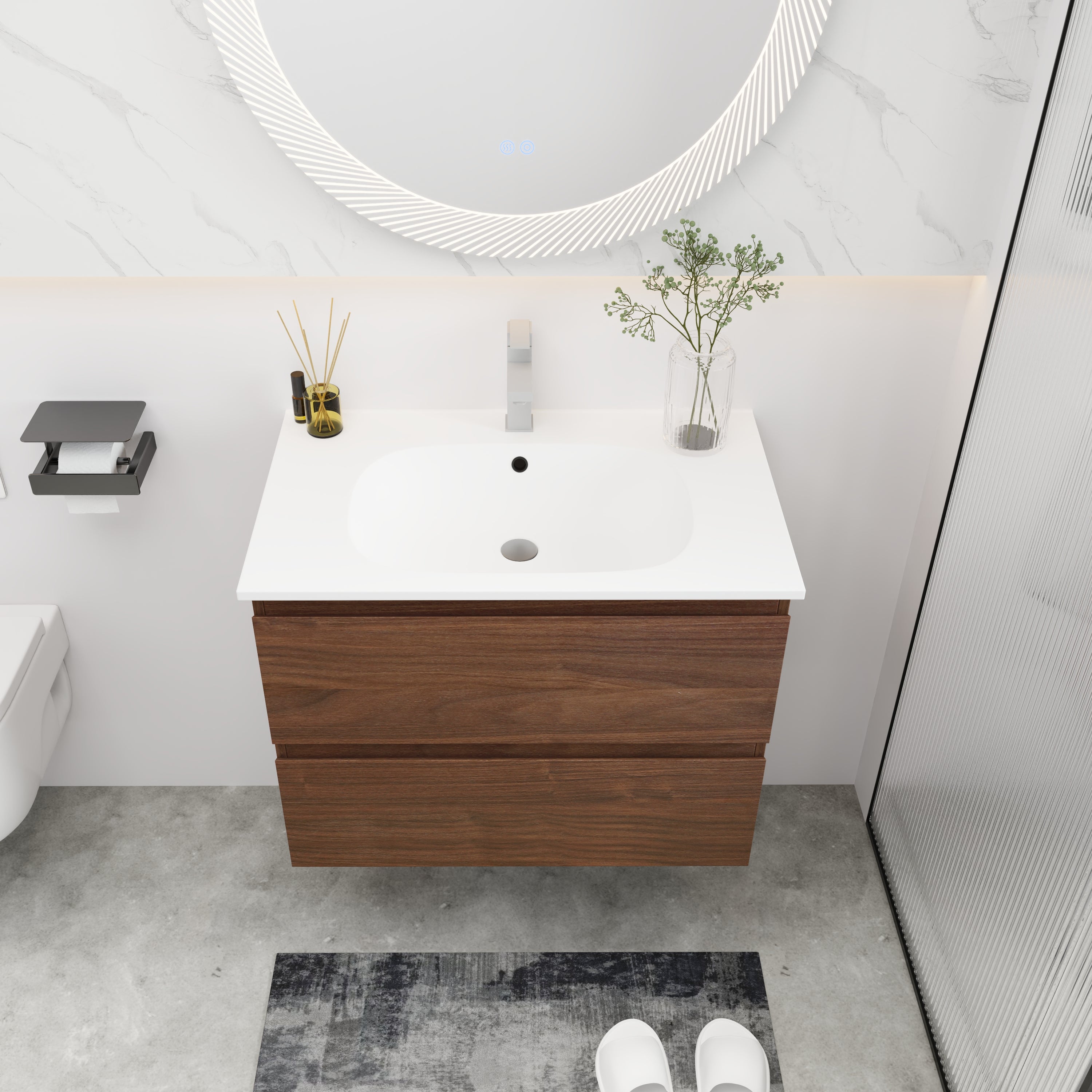 24''/30" Bathroom Vanity in Brown Oak/Brown Oak with Cultured Marble Basin Top with Soft Close Drawer