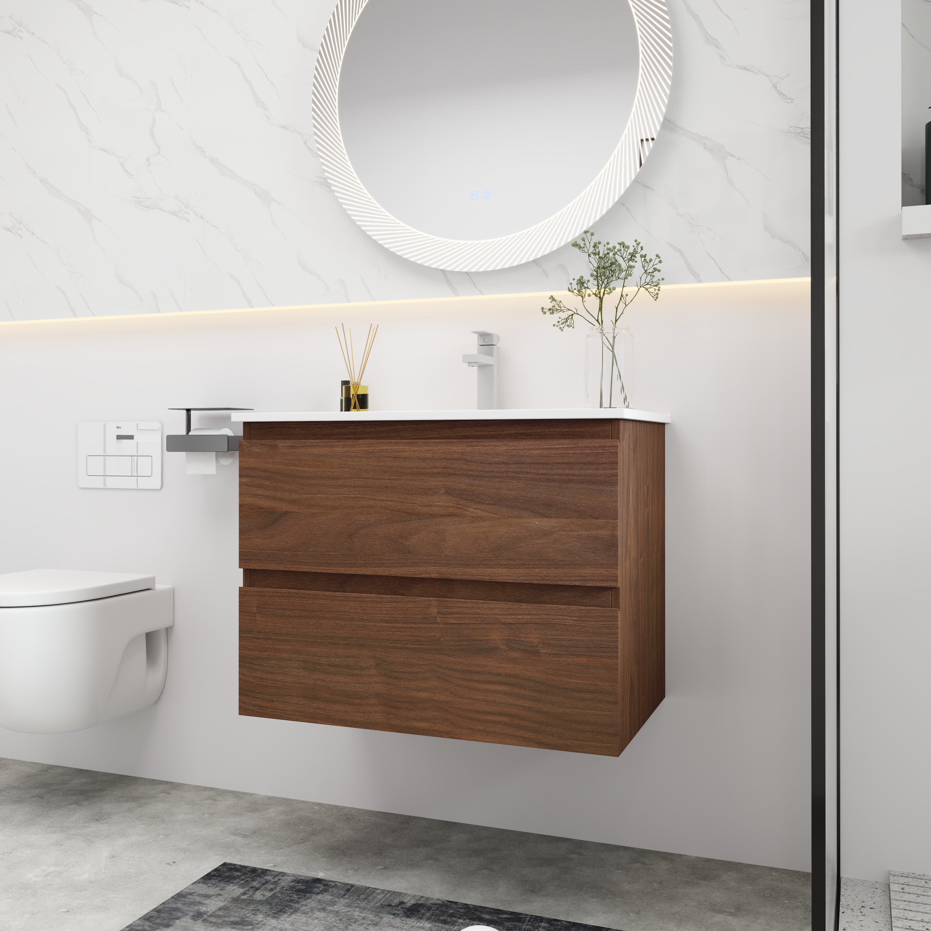 24''/30" Bathroom Vanity in Brown Oak/Brown Oak with Cultured Marble Basin Top with Soft Close Drawer