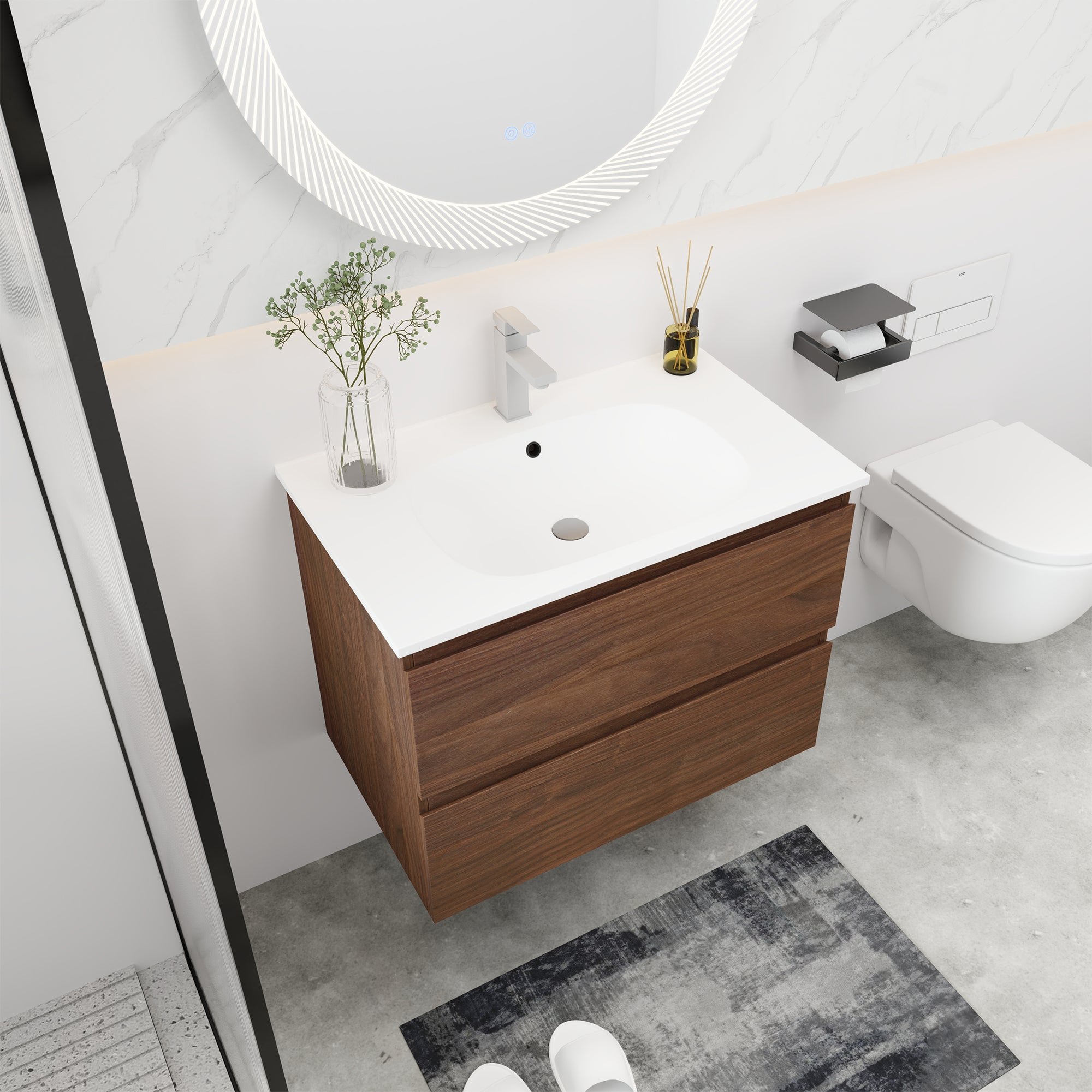 24''/30" Bathroom Vanity in Brown Oak/Brown Oak with Cultured Marble Basin Top with Soft Close Drawer