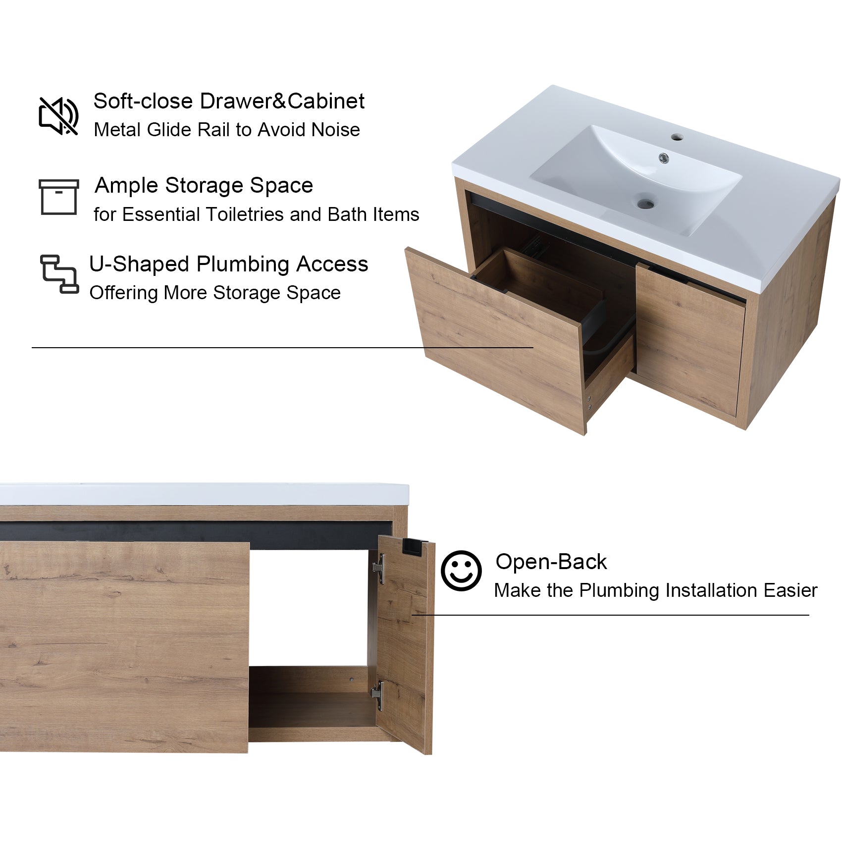 48 Inch Bathroom Cabinet With Sink with Soft Close Doors and Drawer with Cultured Marble Basin