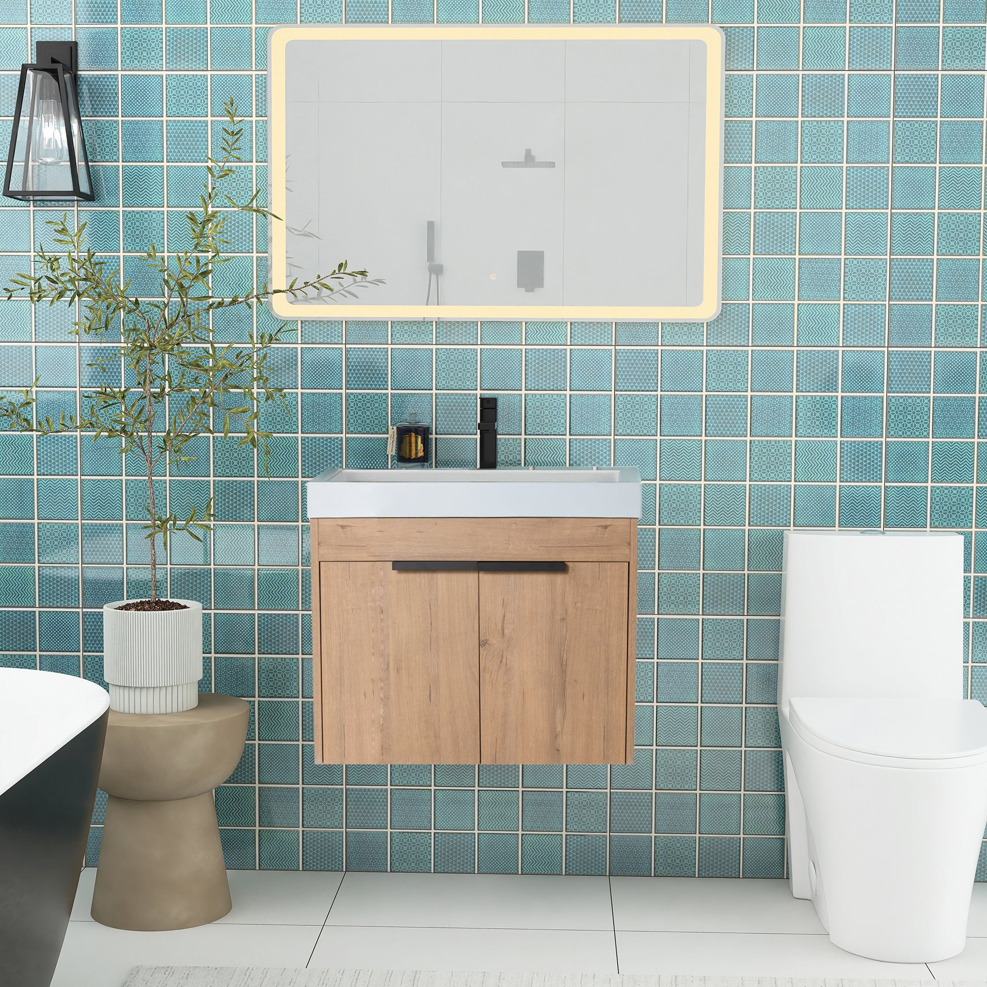 24 Inch Floating Bathroom Vanity in Imitative Oak with Soft Closing Doors with Cultured Marble Sink