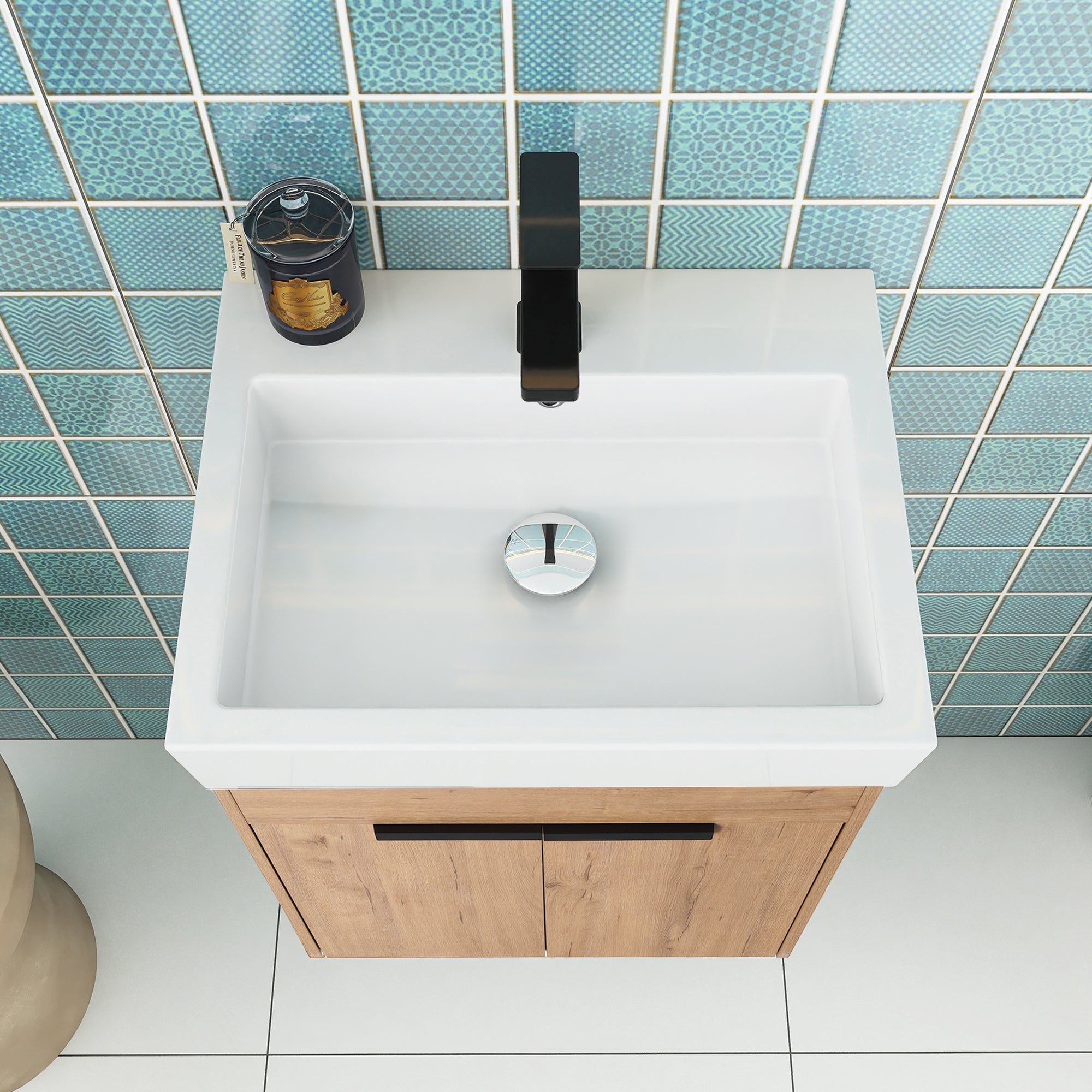 24 Inch Floating Bathroom Vanity in Imitative Oak with Soft Closing Doors with Cultured Marble Sink