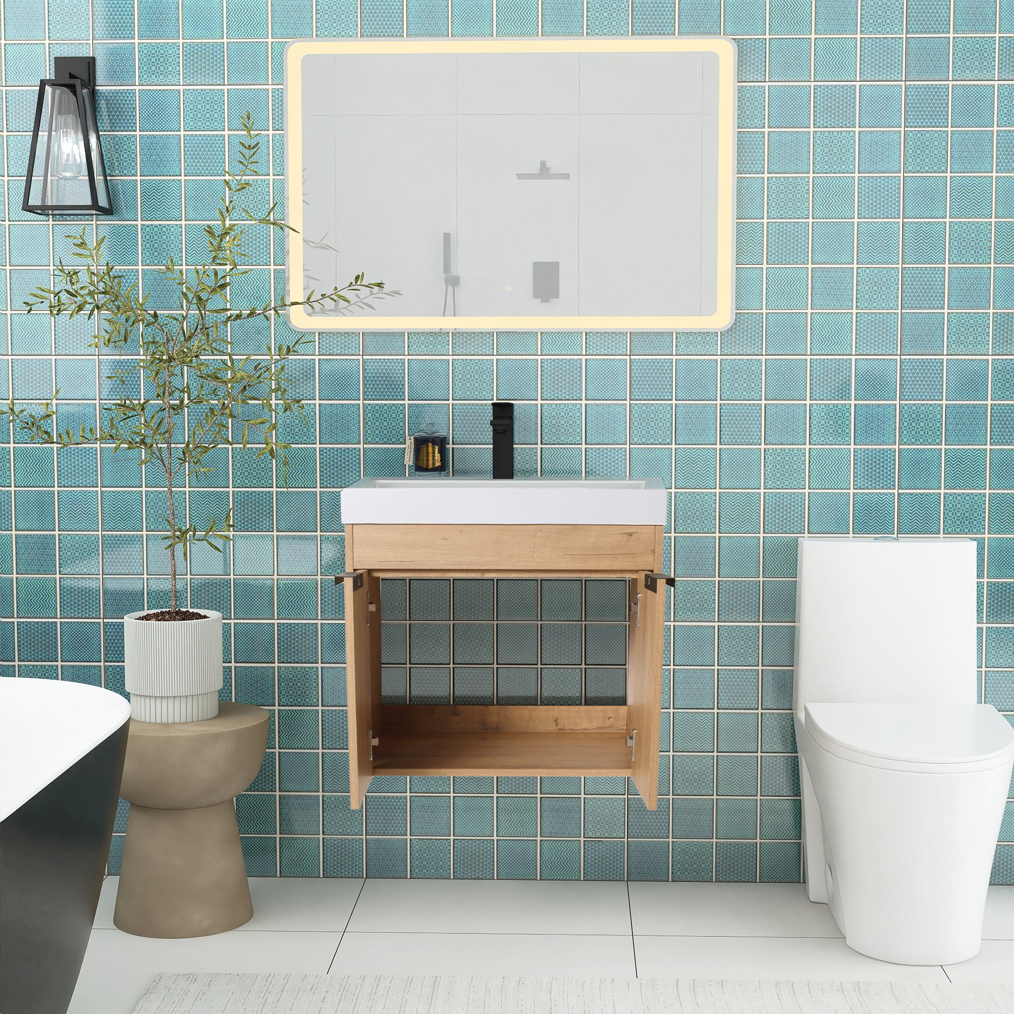 24 Inch Floating Bathroom Vanity in Imitative Oak with Soft Closing Doors with Cultured Marble Sink