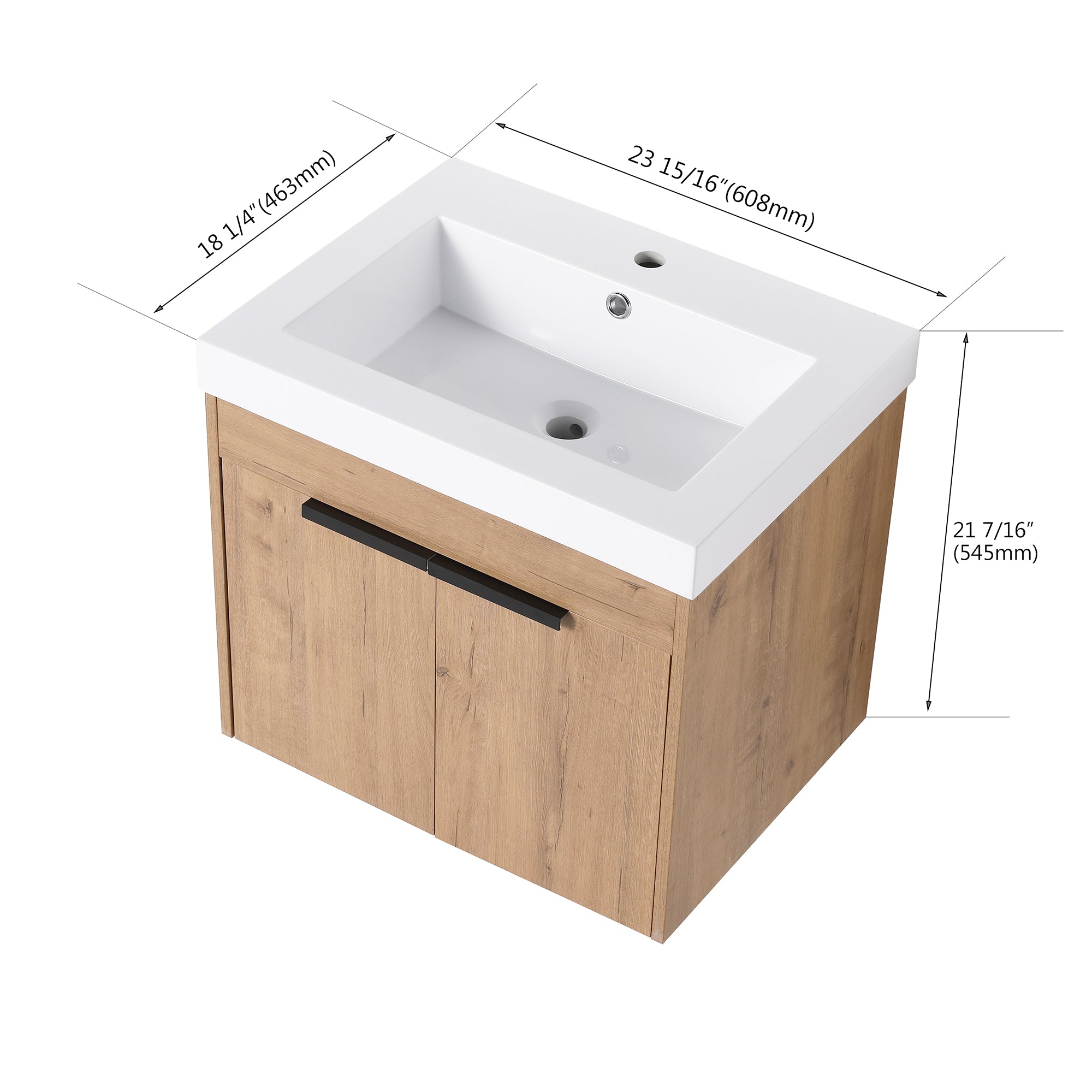 24 Inch Floating Bathroom Vanity in Imitative Oak with Soft Closing Doors with Cultured Marble Sink