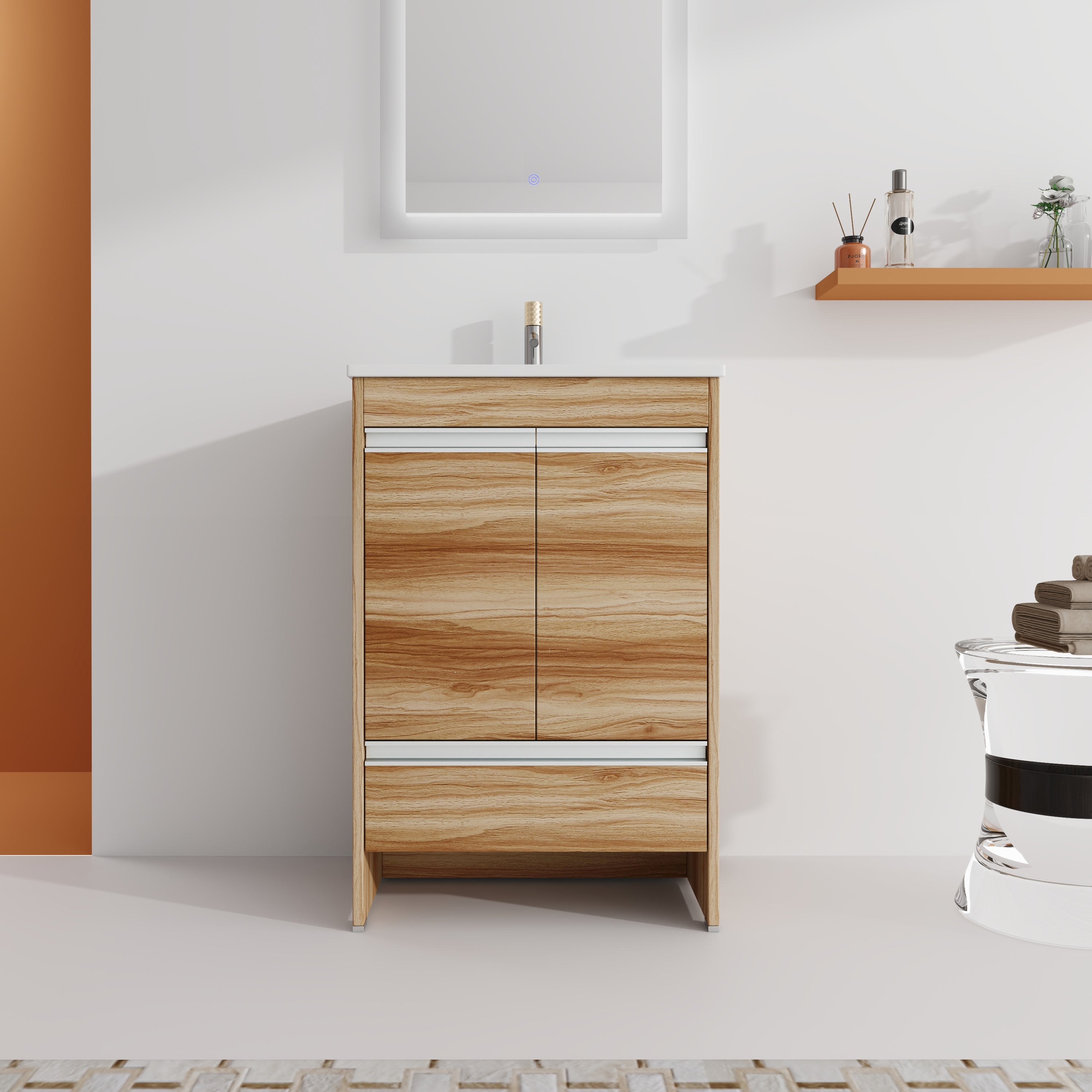 24" Freestanding Bathroom Vanity in Maple With Doors and Drawer with Cultured Marble Sink