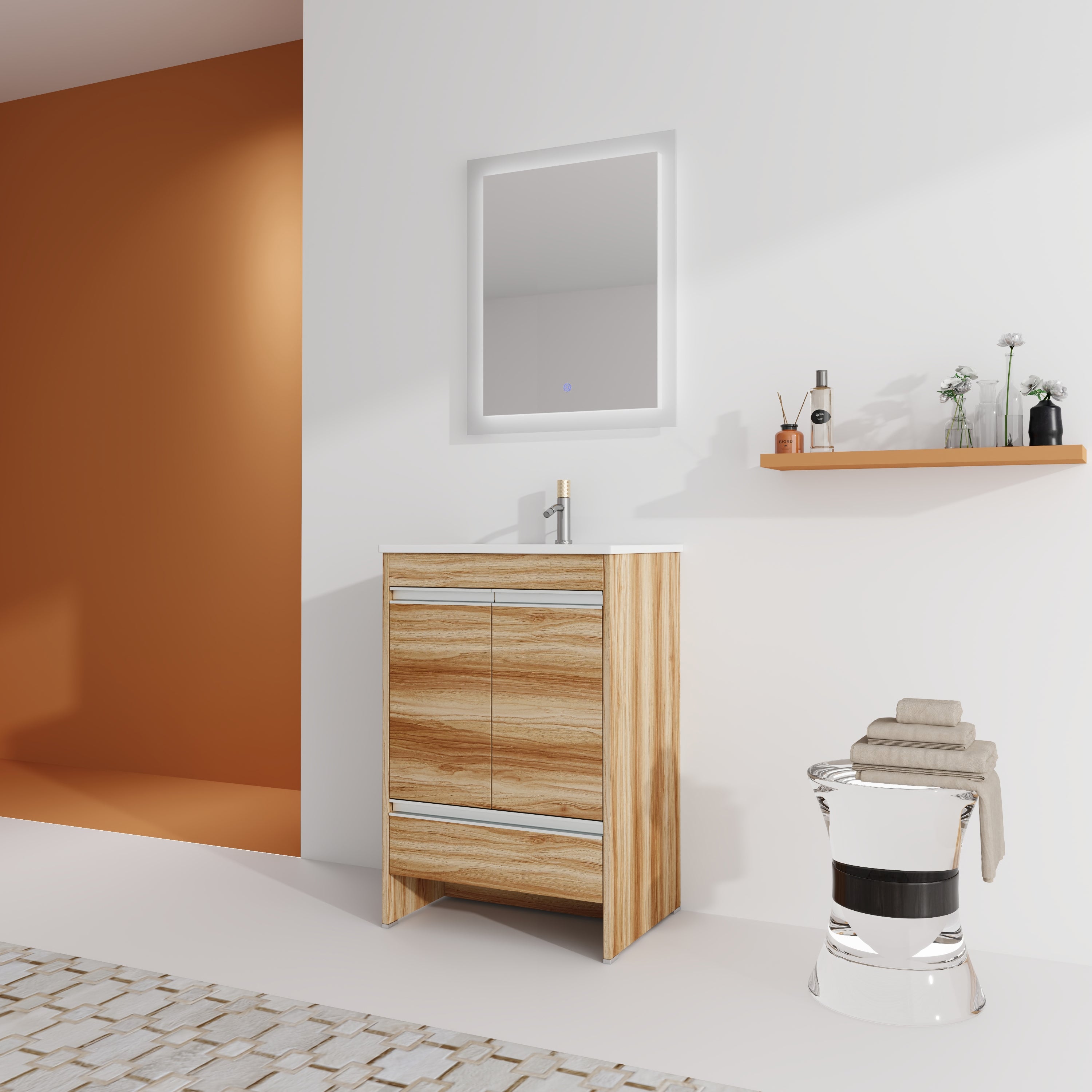 24" Freestanding Bathroom Vanity in Maple With Doors and Drawer with Cultured Marble Sink
