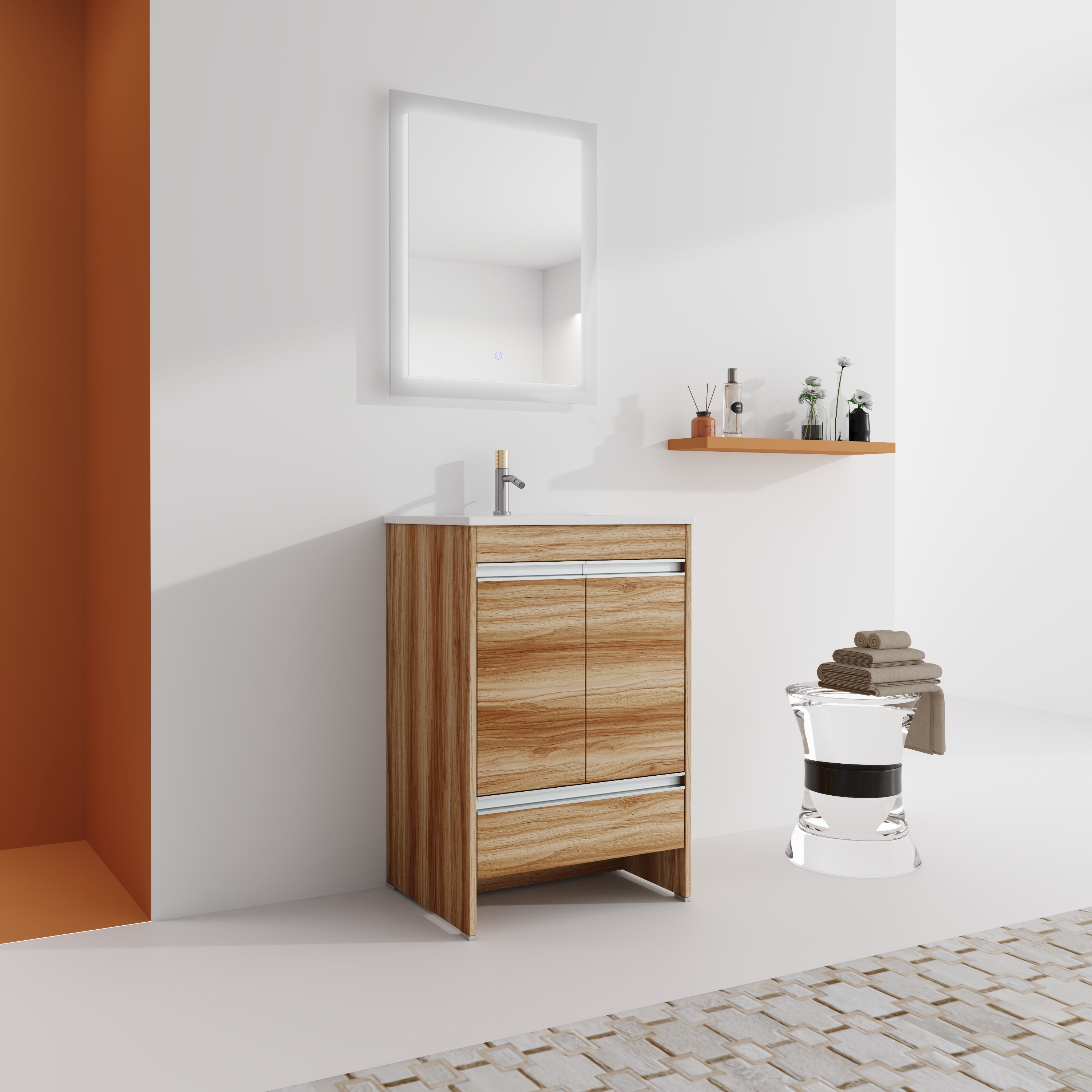 24" Freestanding Bathroom Vanity in Maple With Doors and Drawer with Cultured Marble Sink