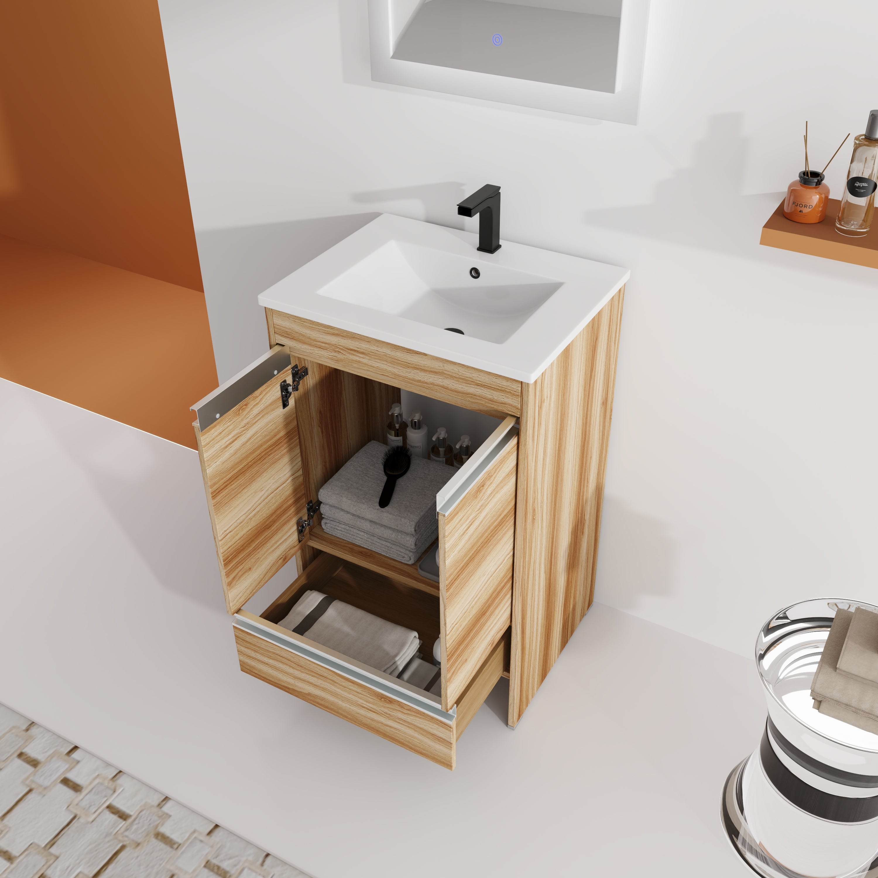24" Freestanding Bathroom Vanity in Maple With Doors and Drawer with Cultured Marble Sink