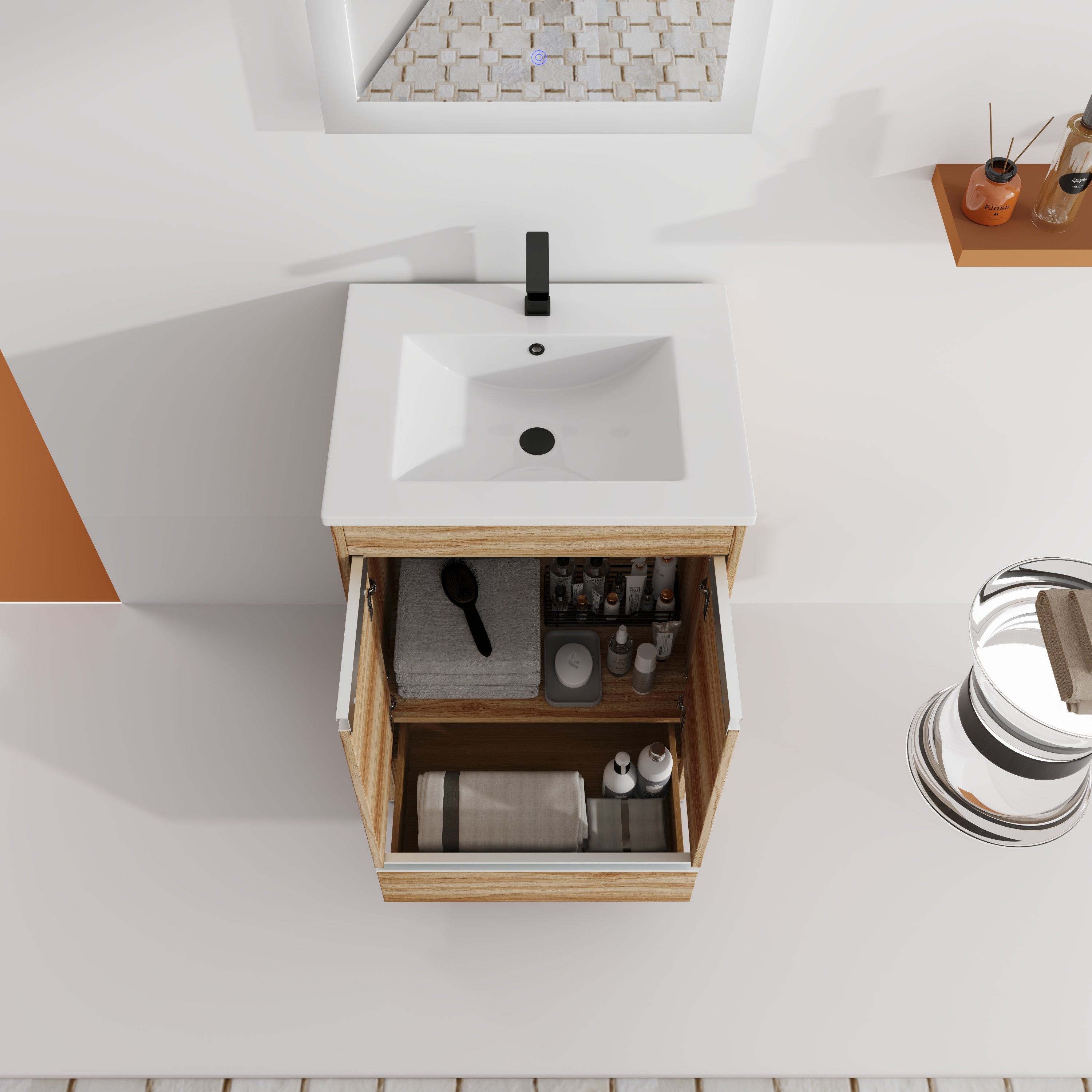 24" Freestanding Bathroom Vanity in Maple With Doors and Drawer with Cultured Marble Sink
