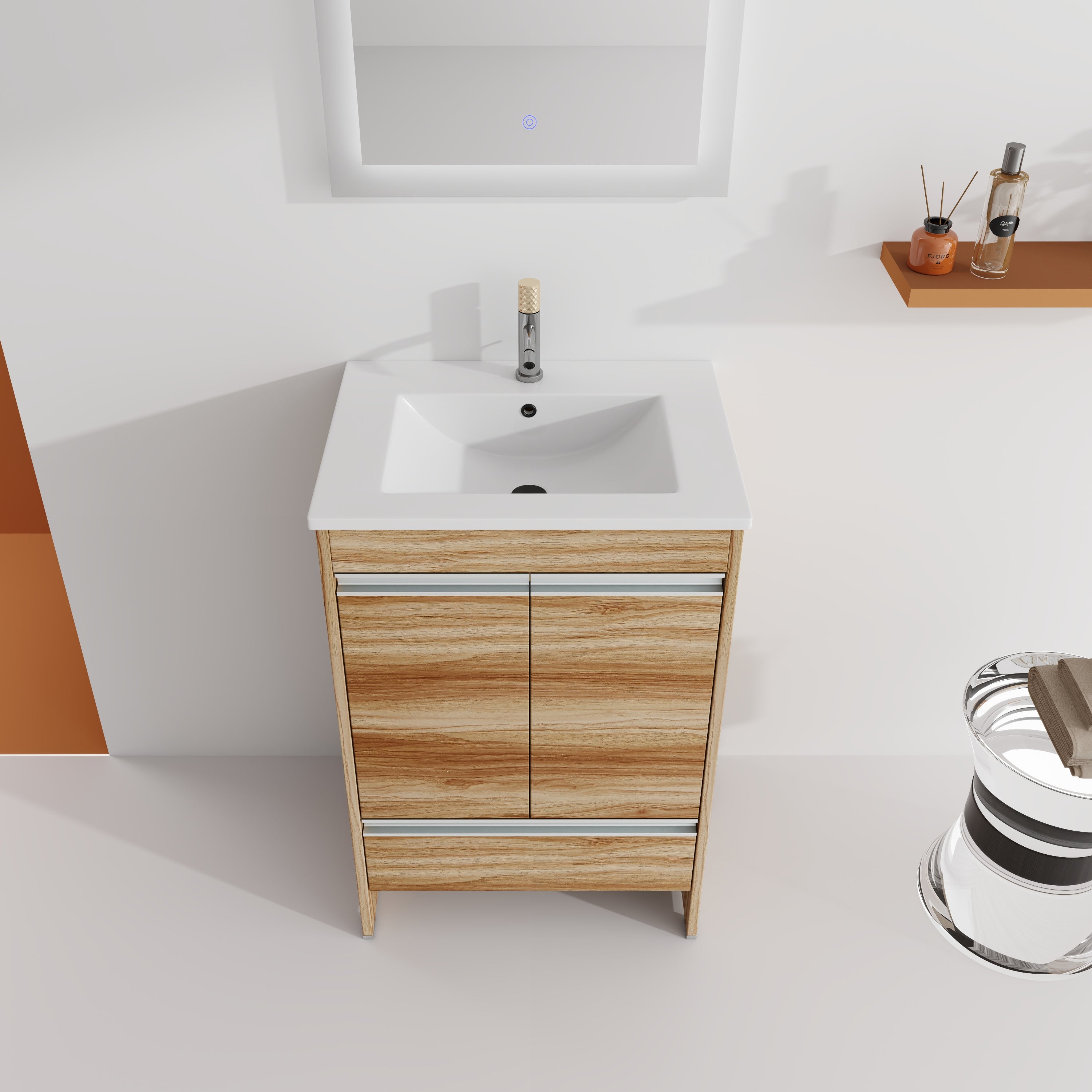 24" Freestanding Bathroom Vanity in Maple With Doors and Drawer with Cultured Marble Sink