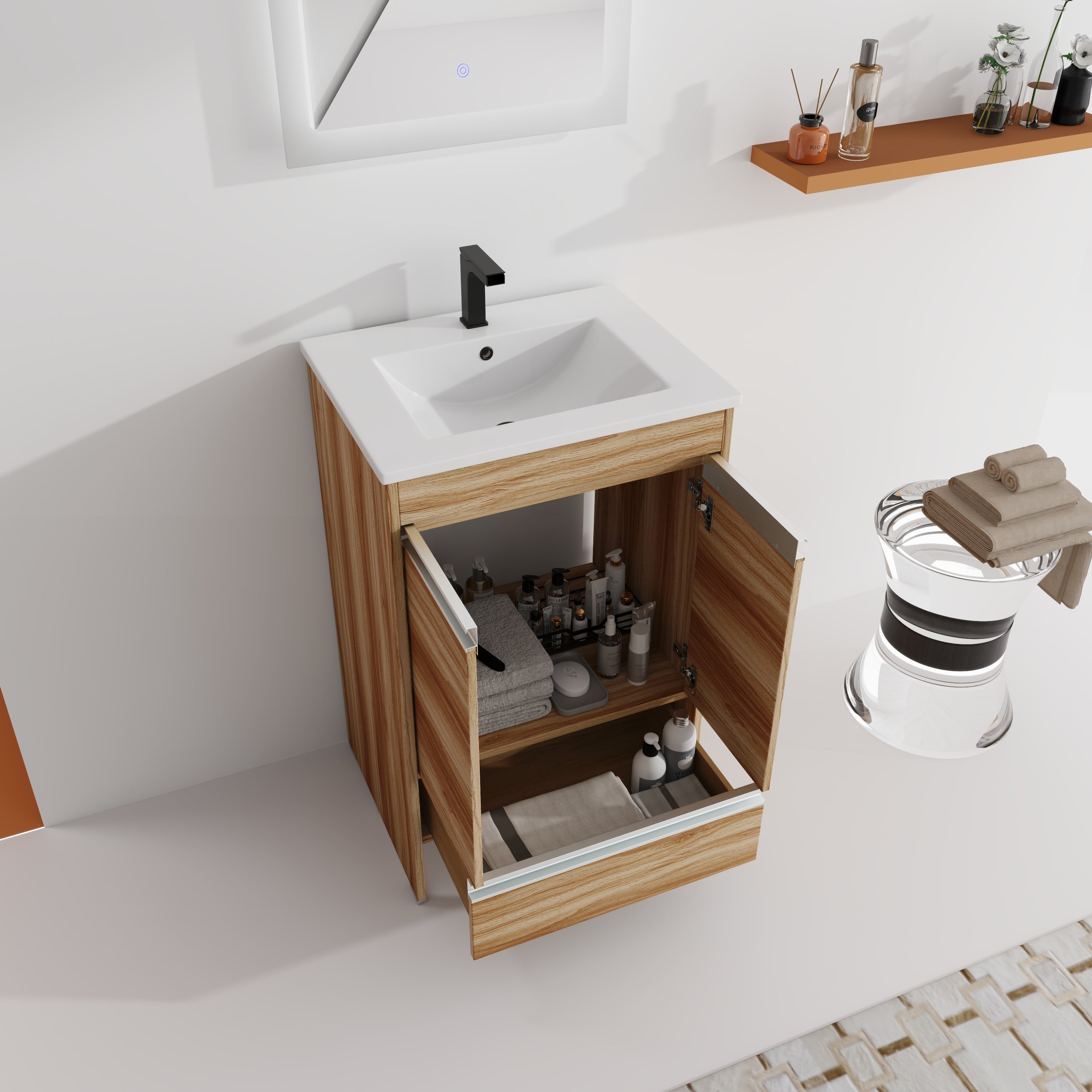 24" Freestanding Bathroom Vanity in Maple With Doors and Drawer with Cultured Marble Sink