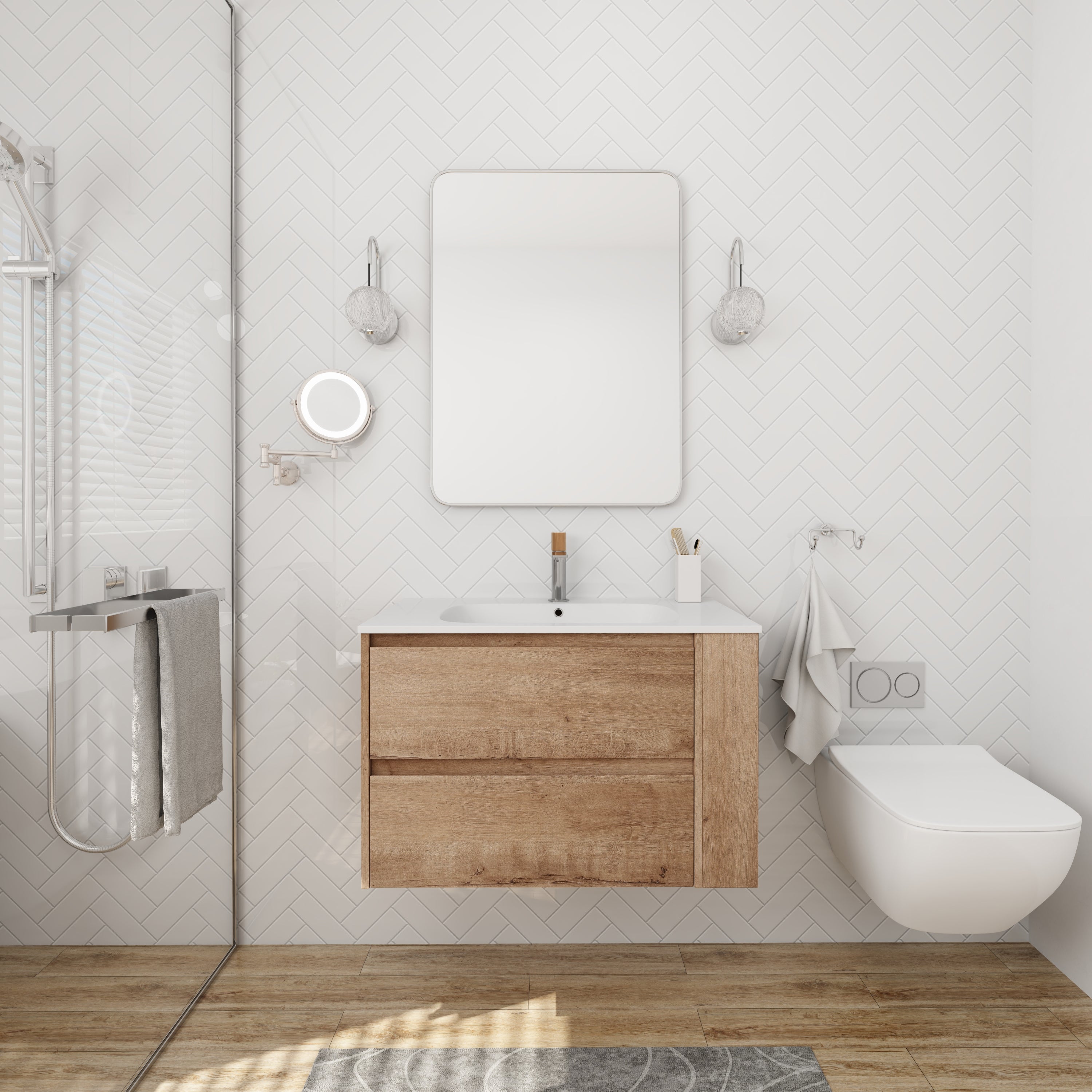 30 inch Plywood Wall Mounted Bathroom Vanity  with Integrated Resin Sink with Drain