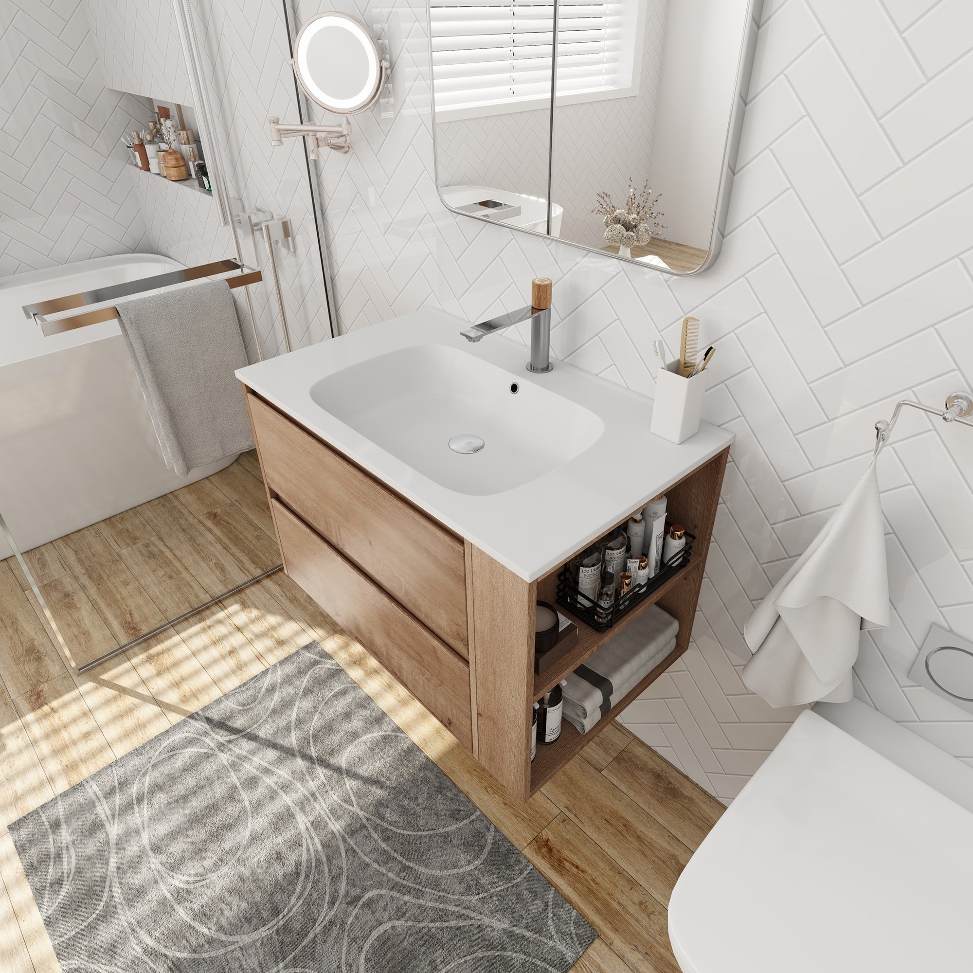 30 inch Plywood Wall Mounted Bathroom Vanity  with Integrated Resin Sink with Drain