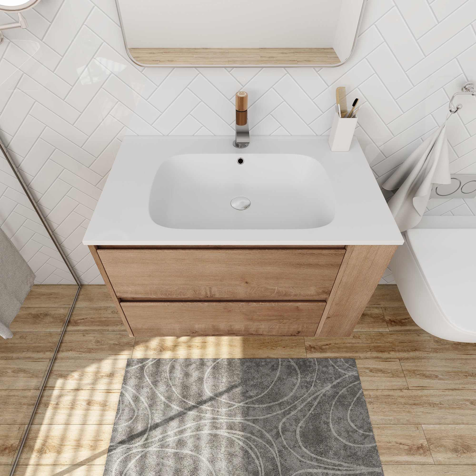 30 inch Plywood Wall Mounted Bathroom Vanity  with Integrated Resin Sink with Drain