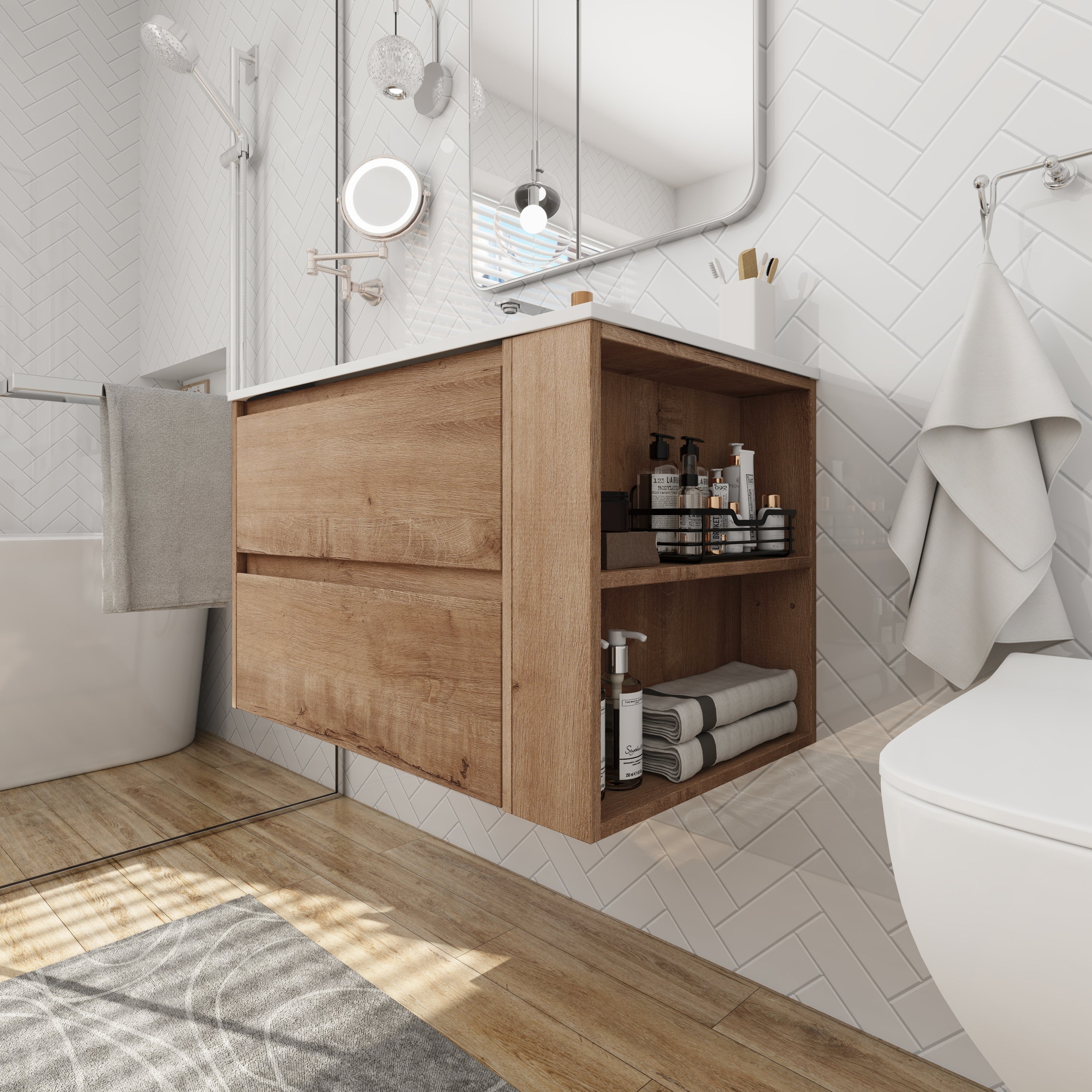 30 inch Plywood Wall Mounted Bathroom Vanity  with Integrated Resin Sink with Drain