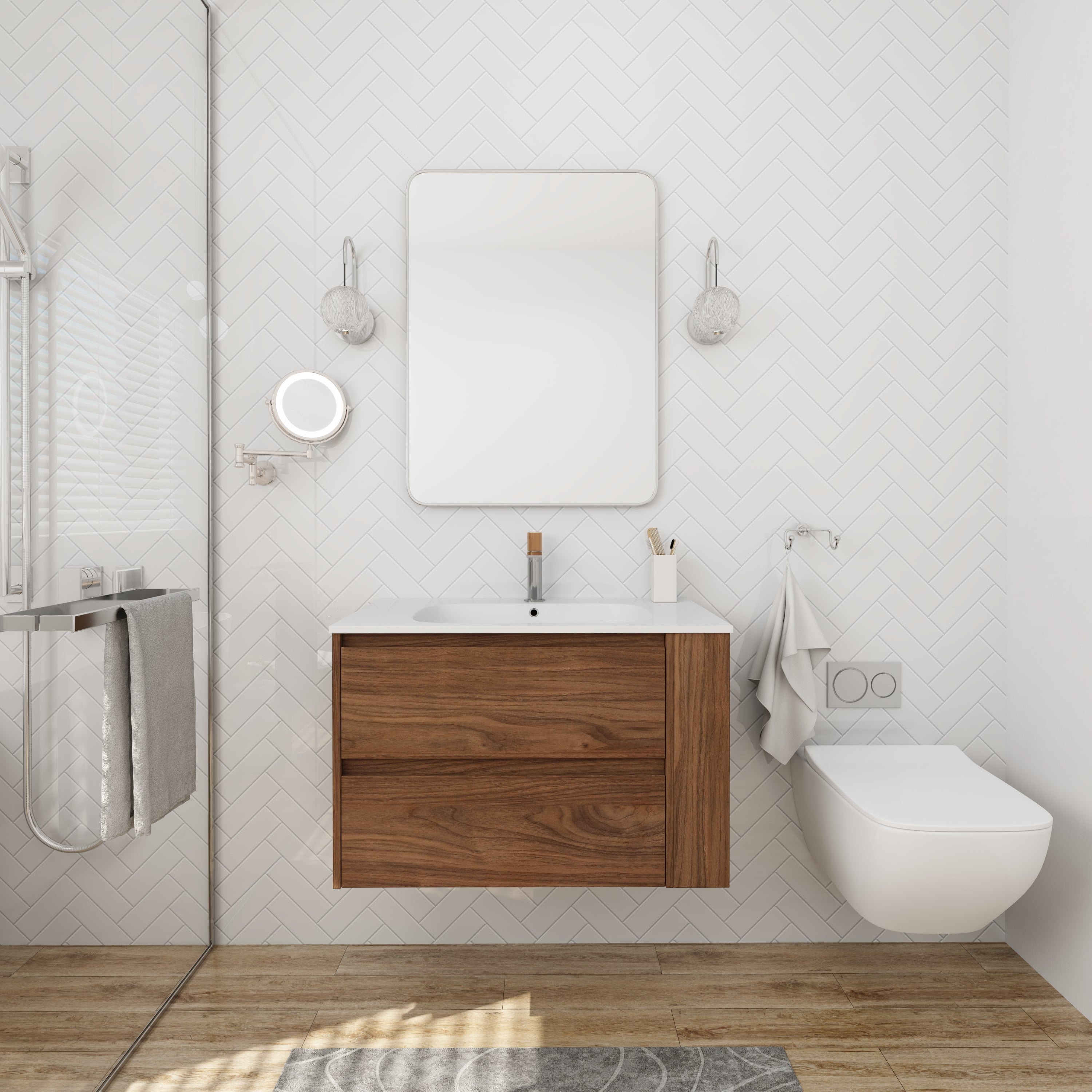 30 inch Plywood Wall Mounted Bathroom Vanity  with Integrated Resin Sink with Drain