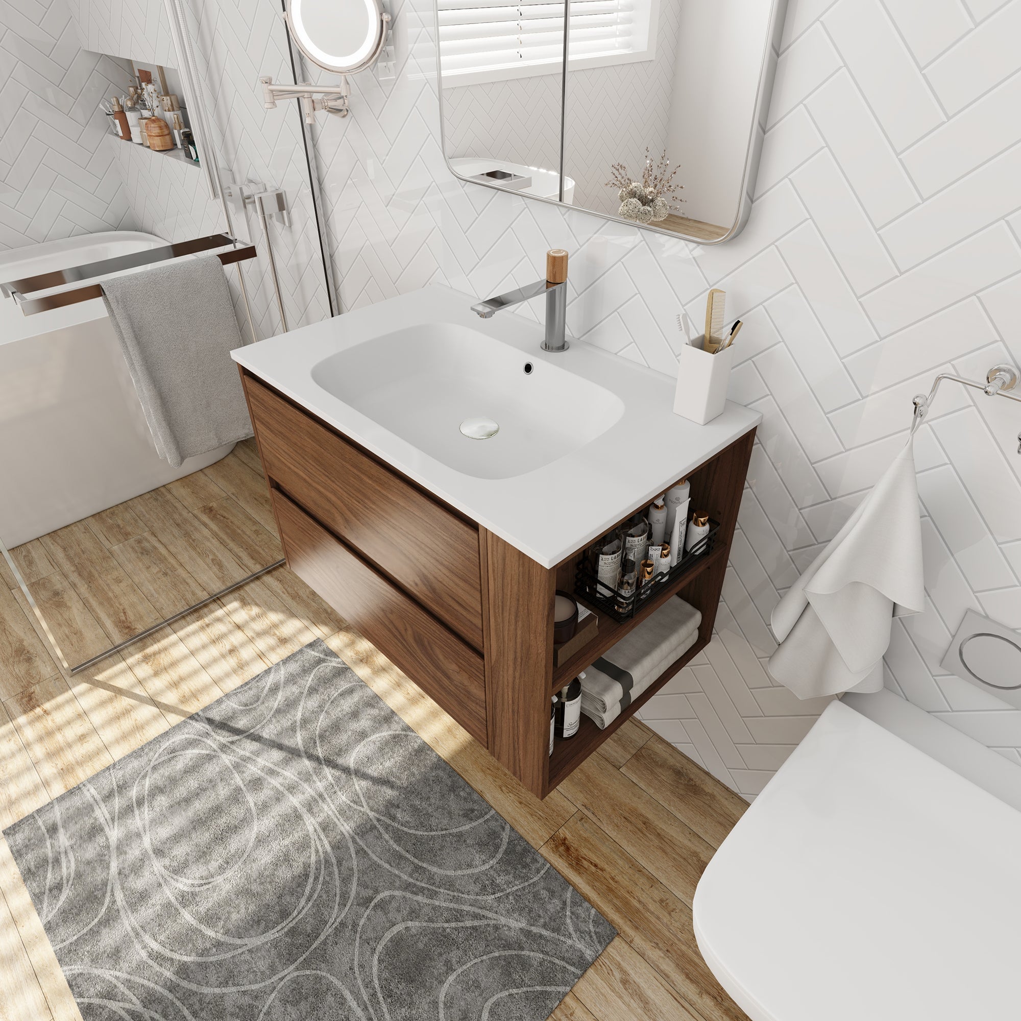 30 inch Plywood Wall Mounted Bathroom Vanity  with Integrated Resin Sink with Drain