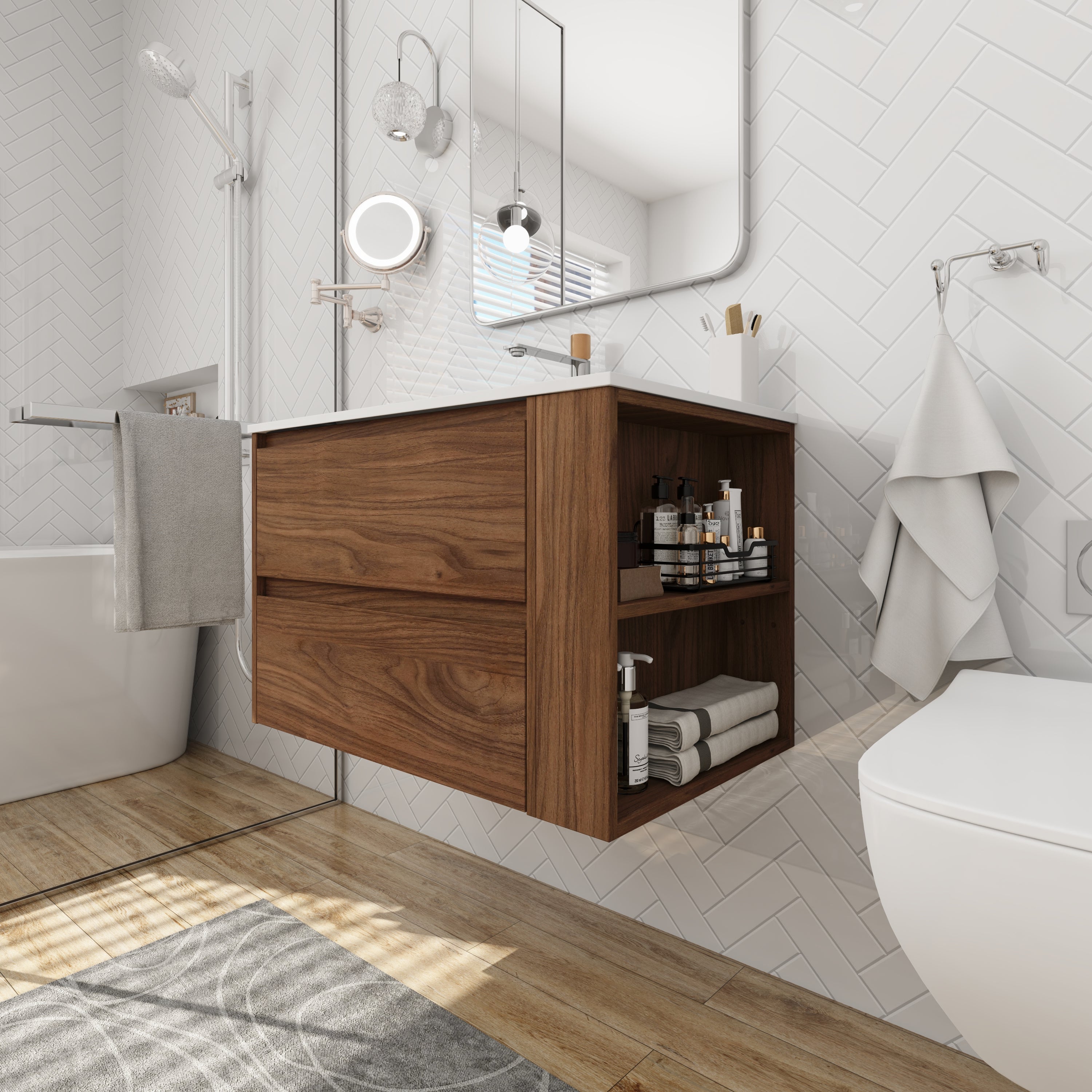 30 inch Plywood Wall Mounted Bathroom Vanity  with Integrated Resin Sink with Drain