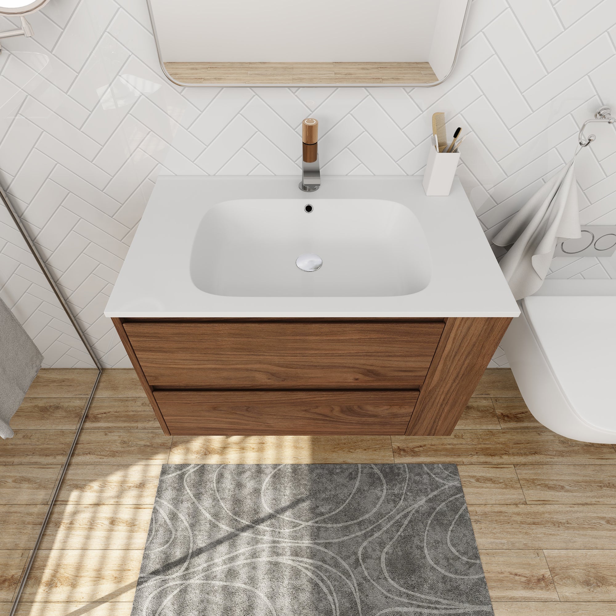 30 inch Plywood Wall Mounted Bathroom Vanity  with Integrated Resin Sink with Drain
