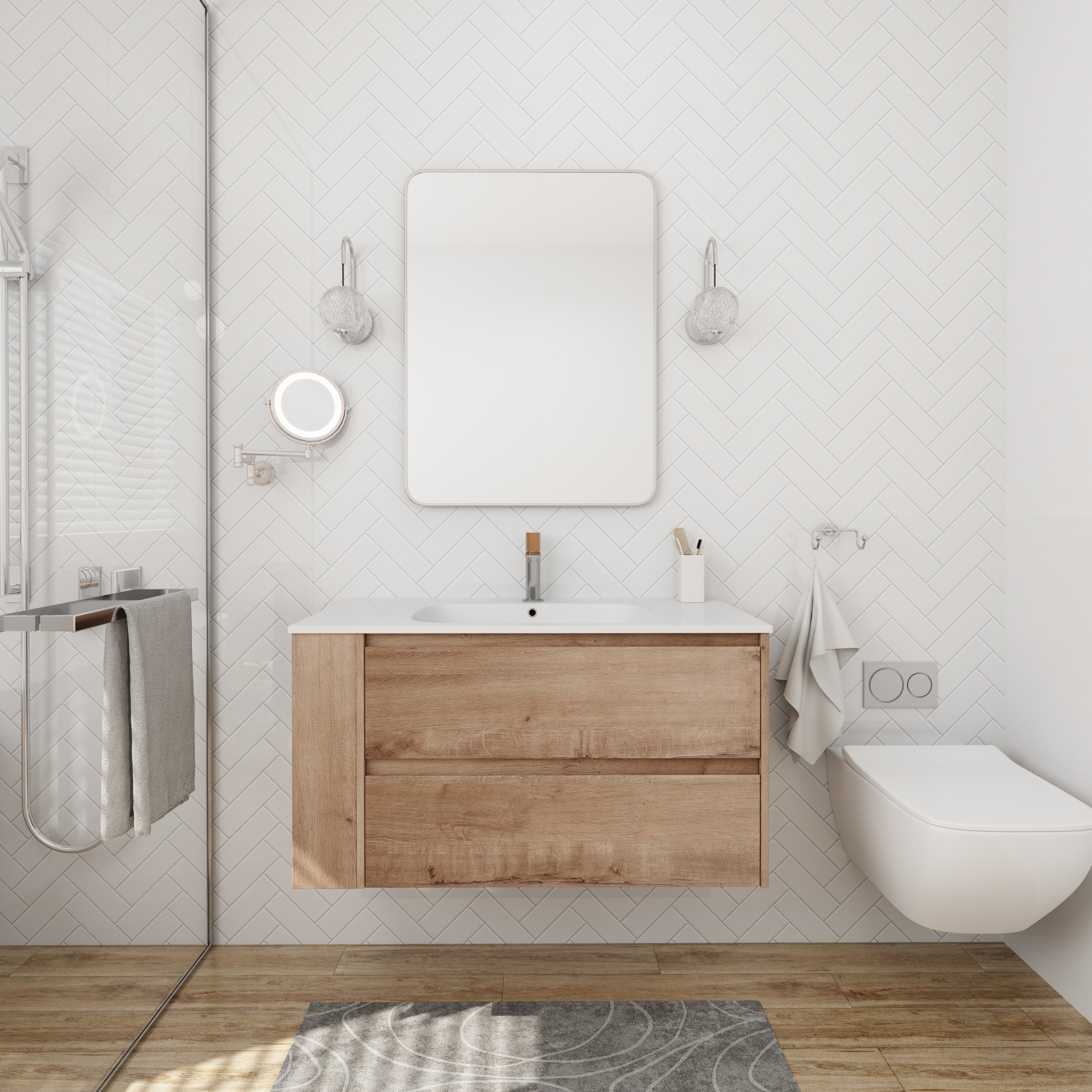 36 inch Plywood Wall Mounted Bathroom Vanity  with Integrated Resin Sink with Drain