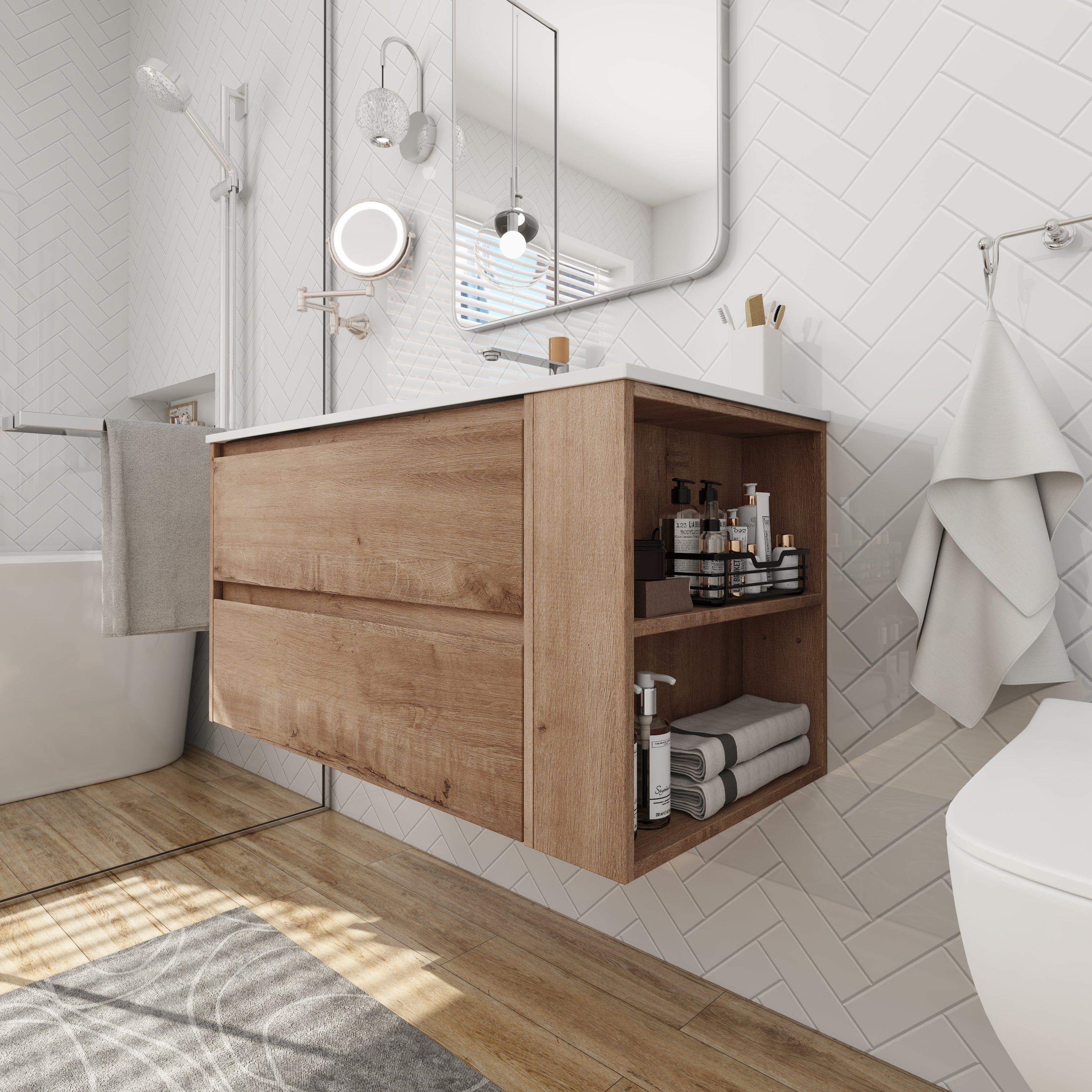 36 inch Plywood Wall Mounted Bathroom Vanity  with Integrated Resin Sink with Drain