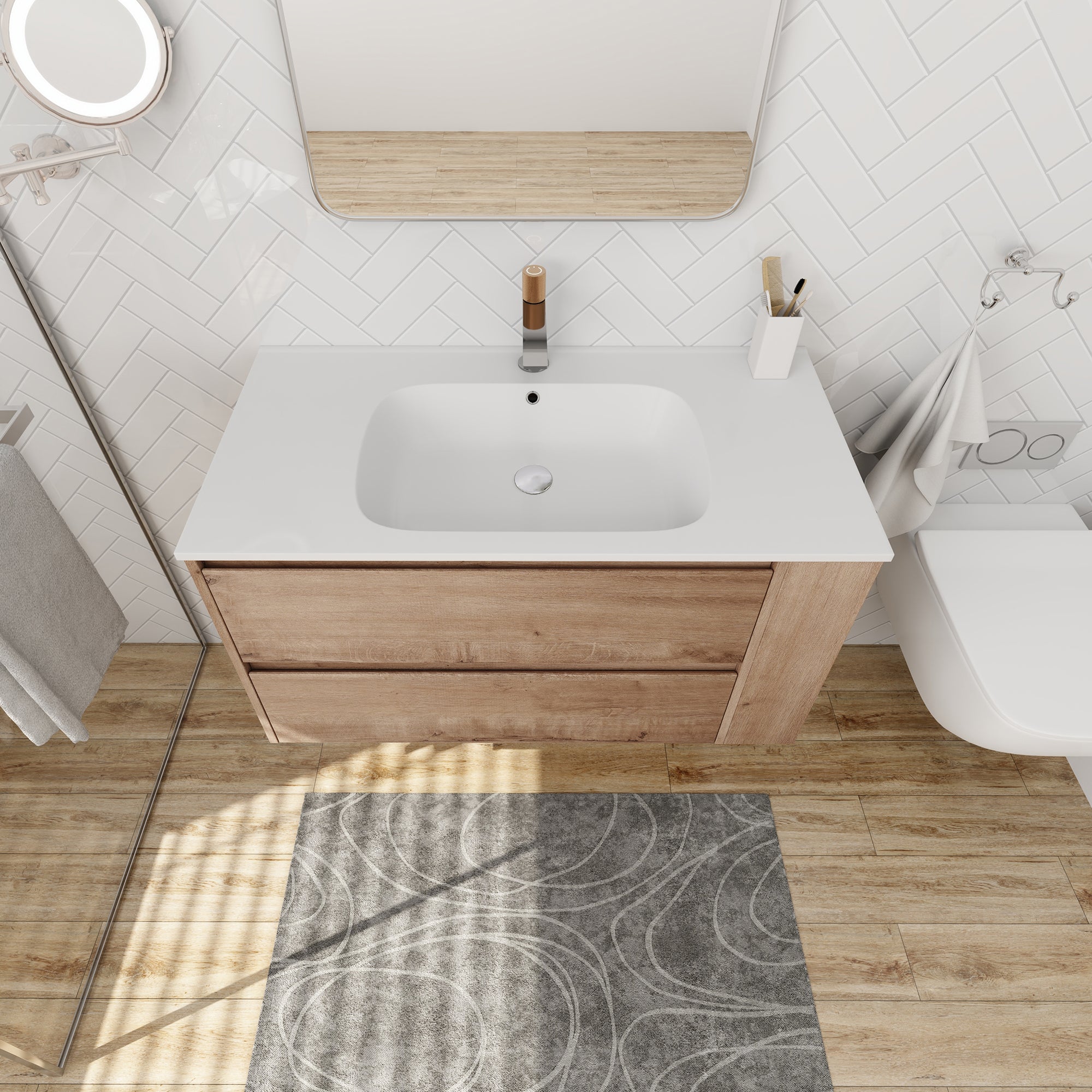36 inch Plywood Wall Mounted Bathroom Vanity  with Integrated Resin Sink with Drain