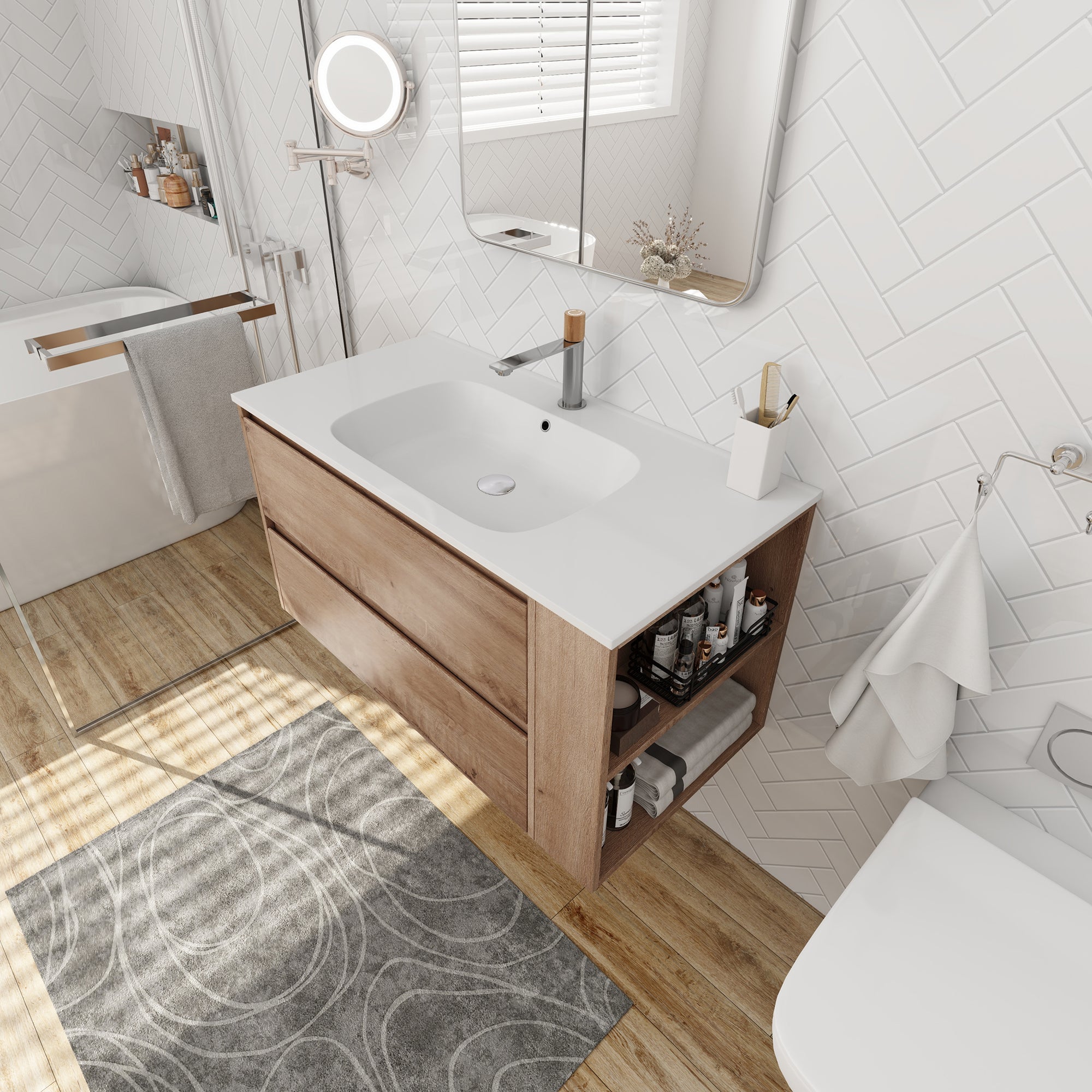 36 inch Plywood Wall Mounted Bathroom Vanity  with Integrated Resin Sink with Drain