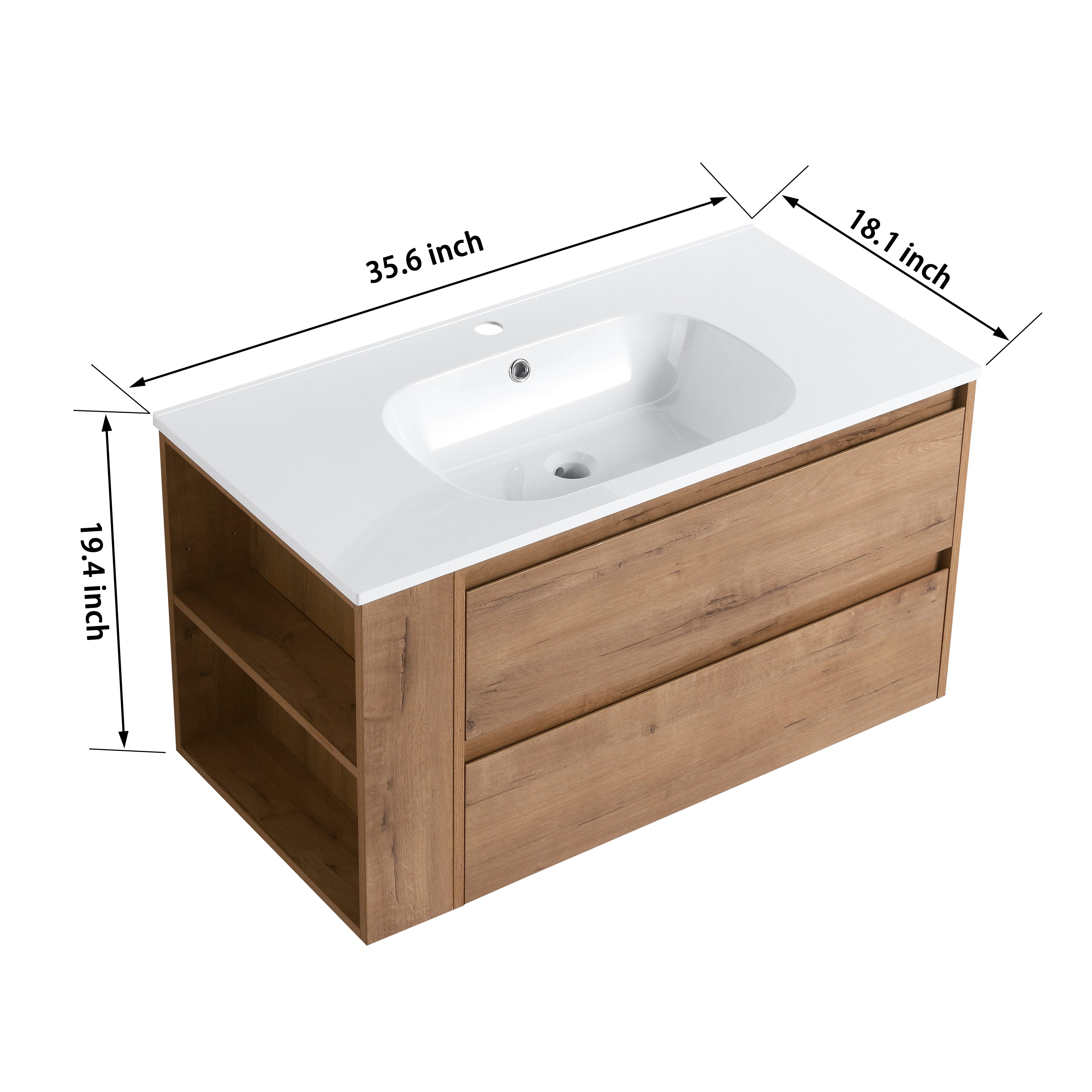 36 inch Plywood Wall Mounted Bathroom Vanity  with Integrated Resin Sink with Drain