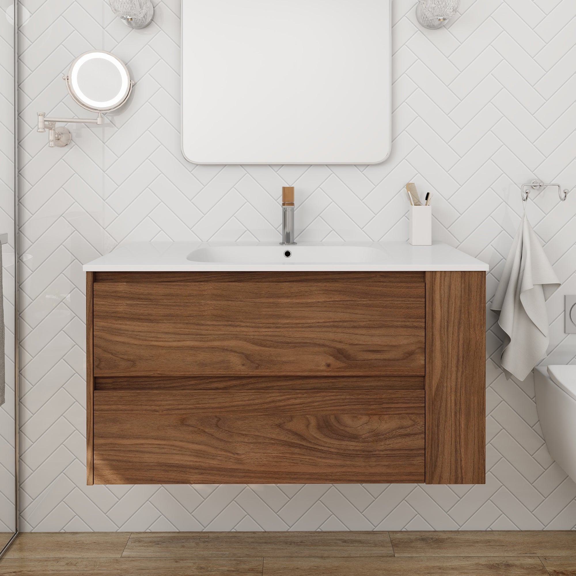 36 inch Plywood Wall Mounted Bathroom Vanity  with Integrated Resin Sink with Drain