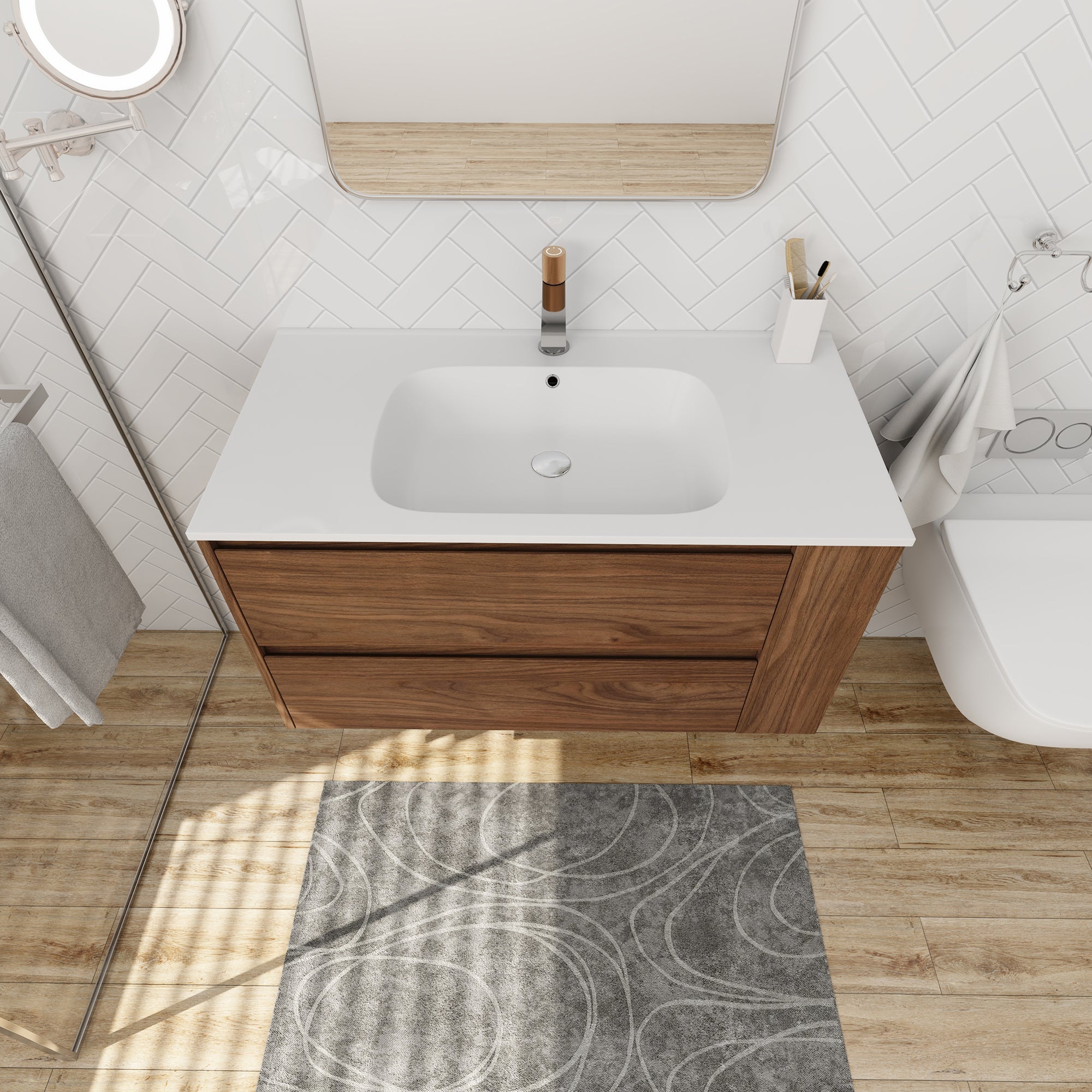 36 inch Plywood Wall Mounted Bathroom Vanity  with Integrated Resin Sink with Drain