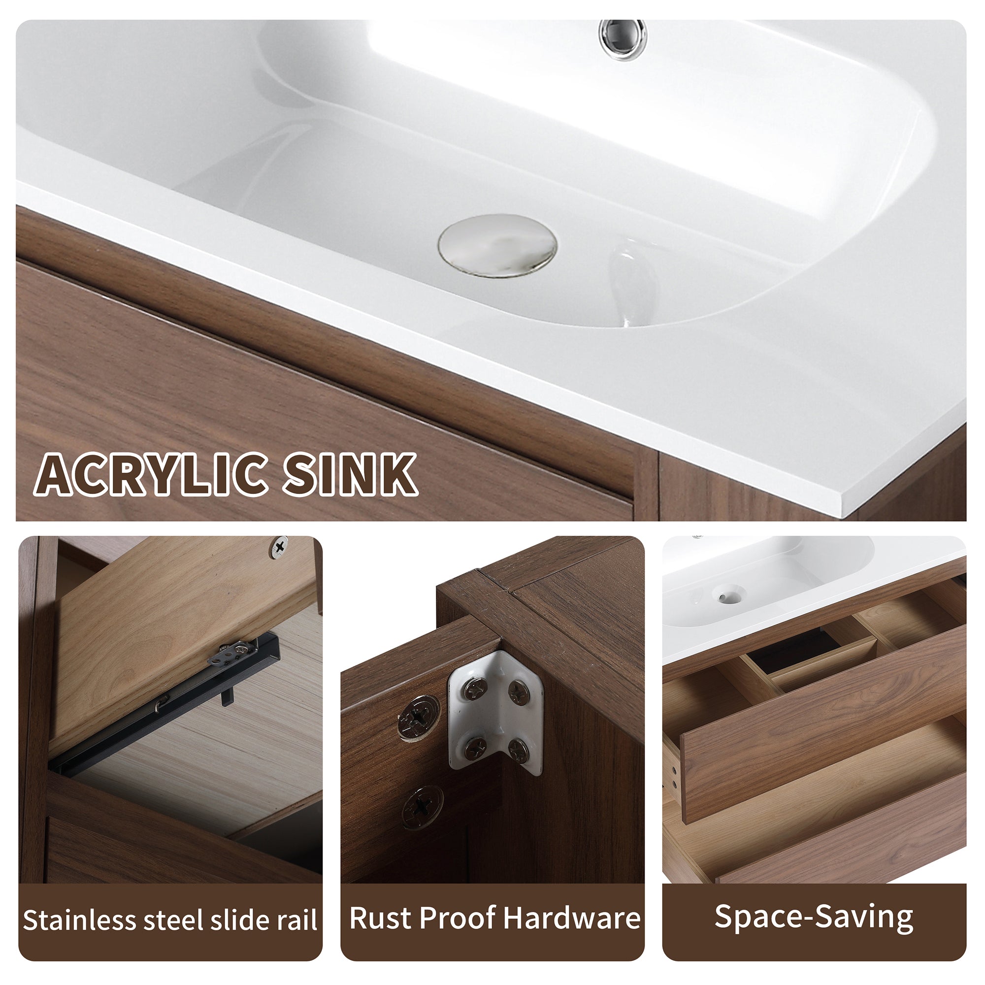 36 inch Plywood Wall Mounted Bathroom Vanity  with Integrated Resin Sink with Drain