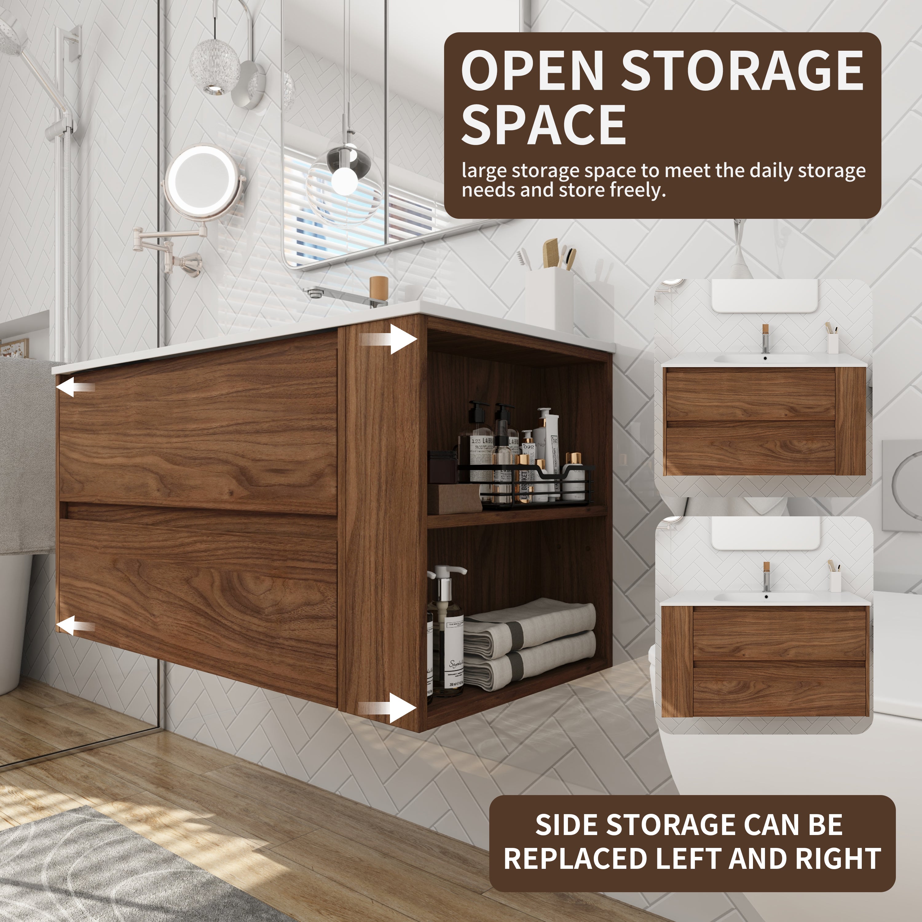36 inch Plywood Wall Mounted Bathroom Vanity  with Integrated Resin Sink with Drain